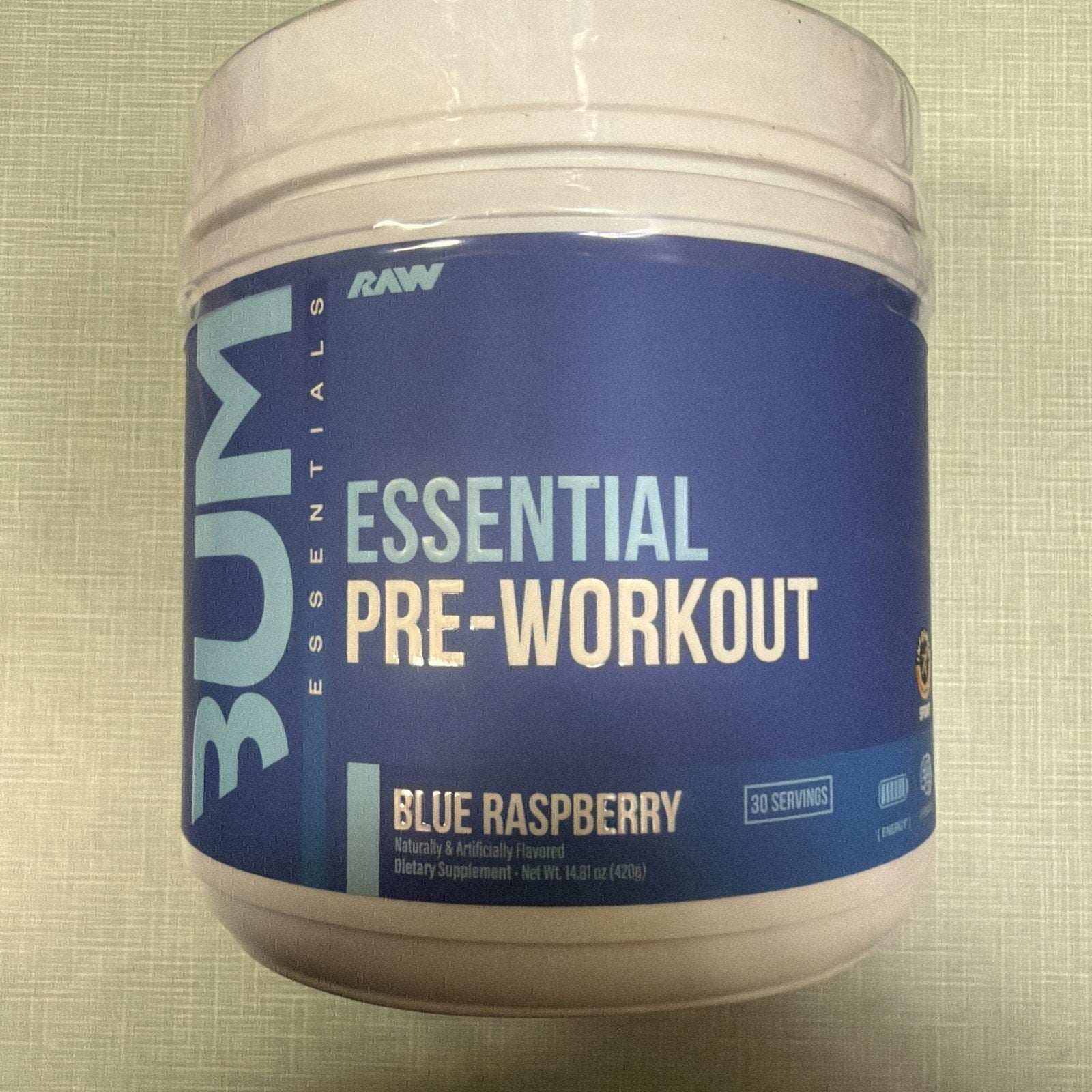 Bum Essential pre-workout supplement blue raspberry flavor 420g
