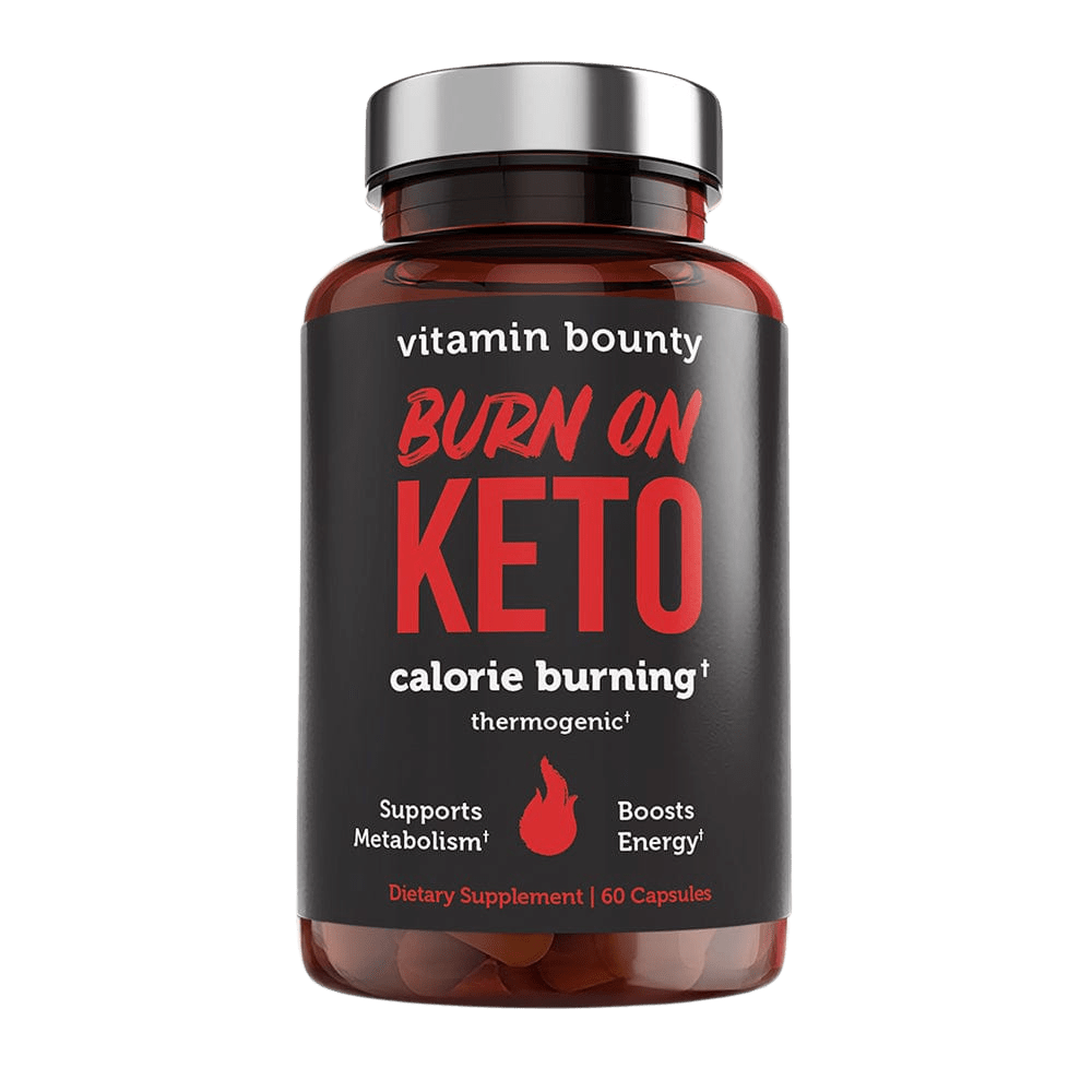 Burn On Keto dietary supplement in an amber bottle with a black label, red lettering and silver cap