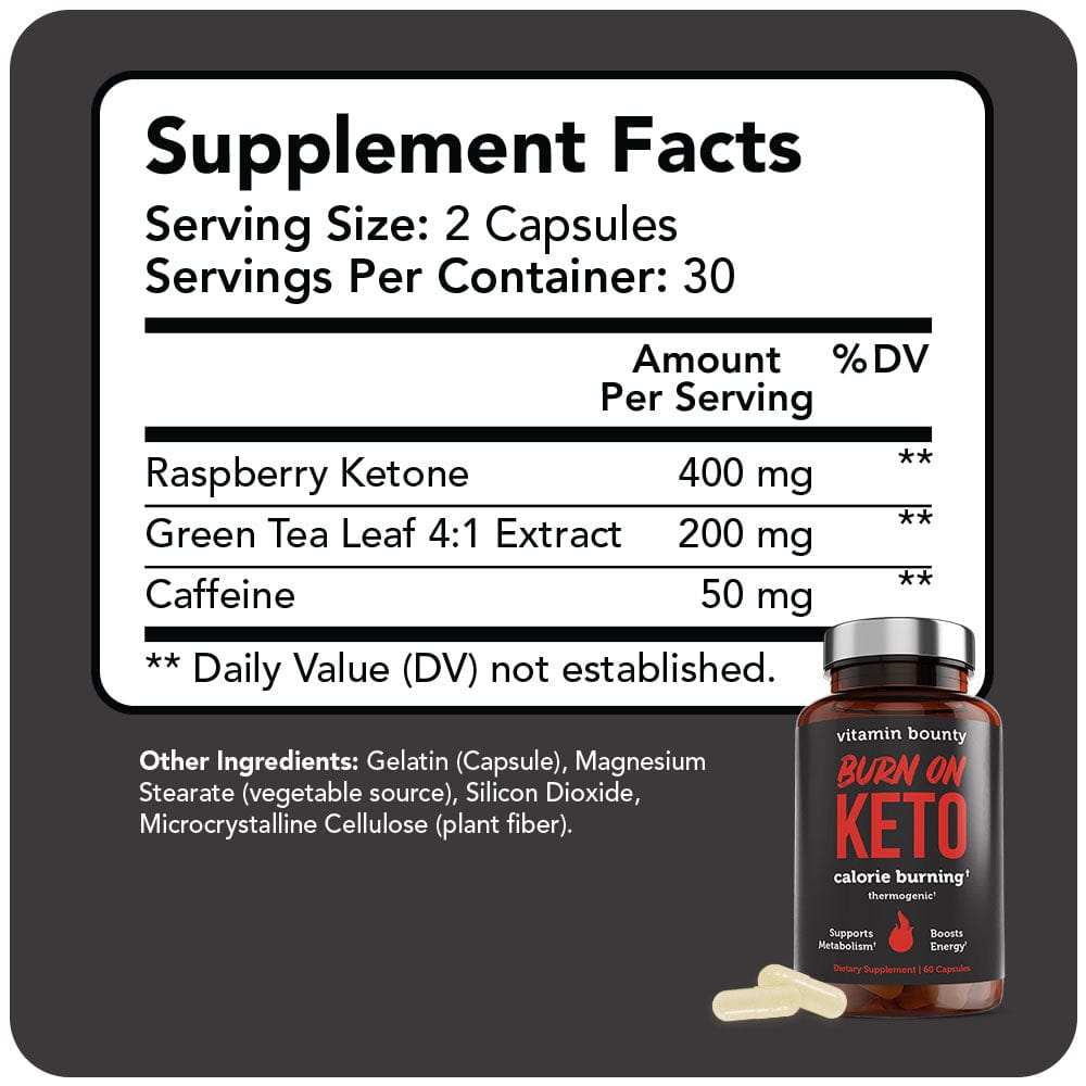 Burn On Keto supplement bottle with a black label and red lettering beside a Supplement Facts panel listing raspberry ketone, green tea extract and caffeine