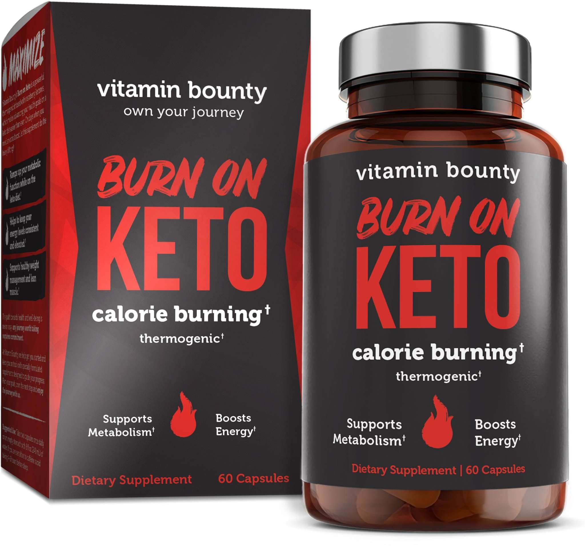 Burn On Keto calorie-burning supplement in a dark bottle and matching box with bold red lettering and silver cap