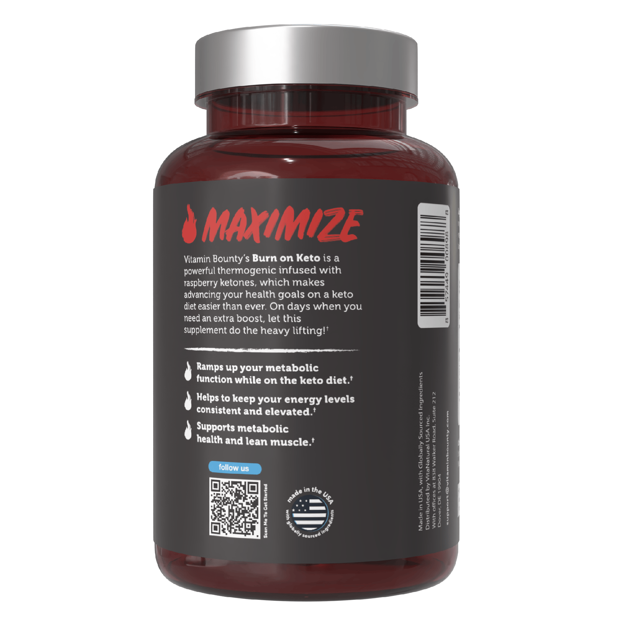 Burn On Keto supplement bottle in a dark red container with a silver cap and charcoal label featuring red lettering