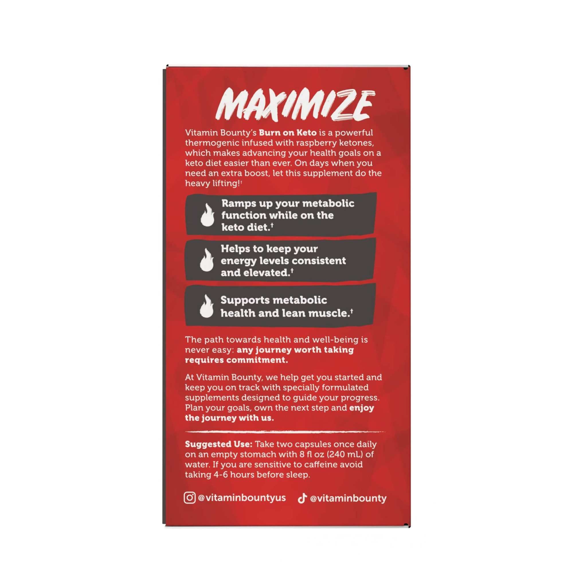 Burn On Keto red supplement packaging with bold white lettering, black benefit panels, and raspberry ketone formula details