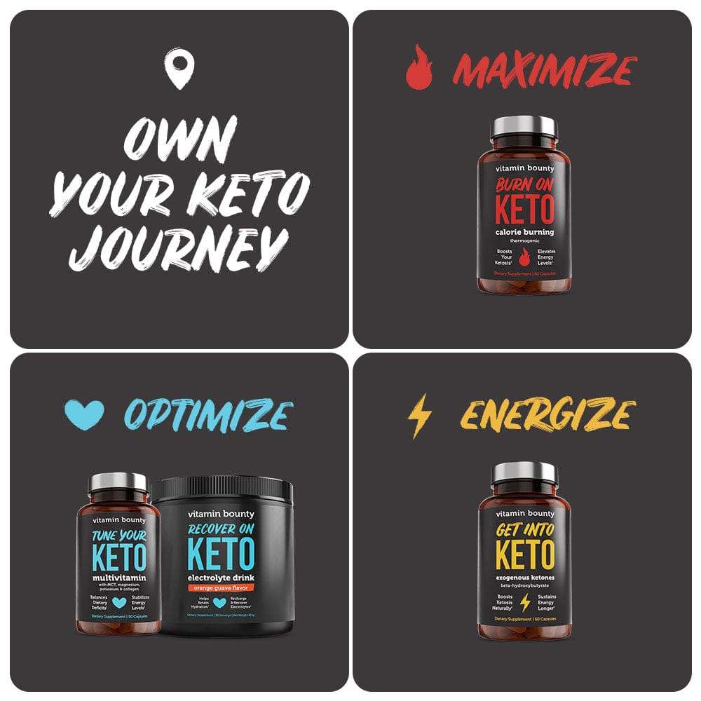Burn On Keto supplement bottle in a black container with a red label, shown alongside keto energy and wellness graphics
