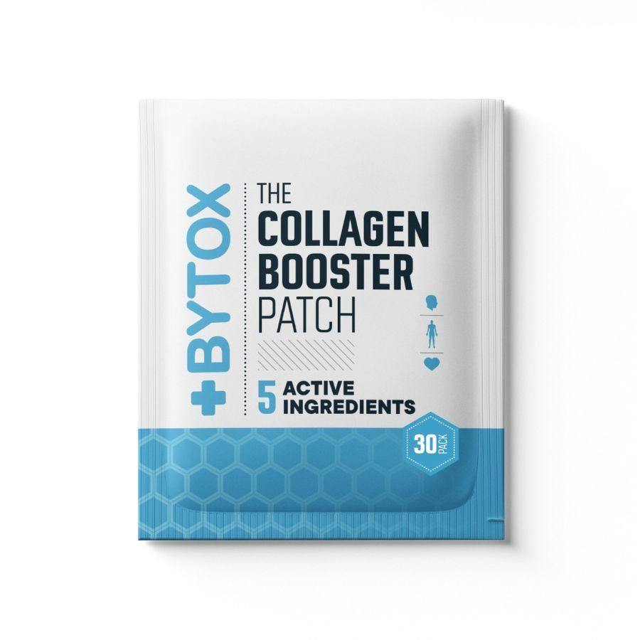BYTOX Collagen Booster Patch packet in white and blue, featuring a honeycomb pattern and 30 patches
