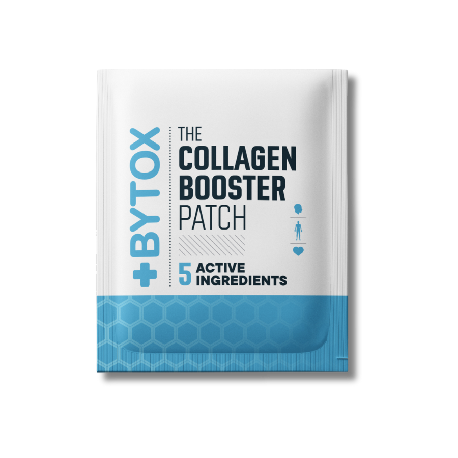 BYTOX Collagen Booster Patch in a white and blue packet with honeycomb pattern and five active ingredients label
