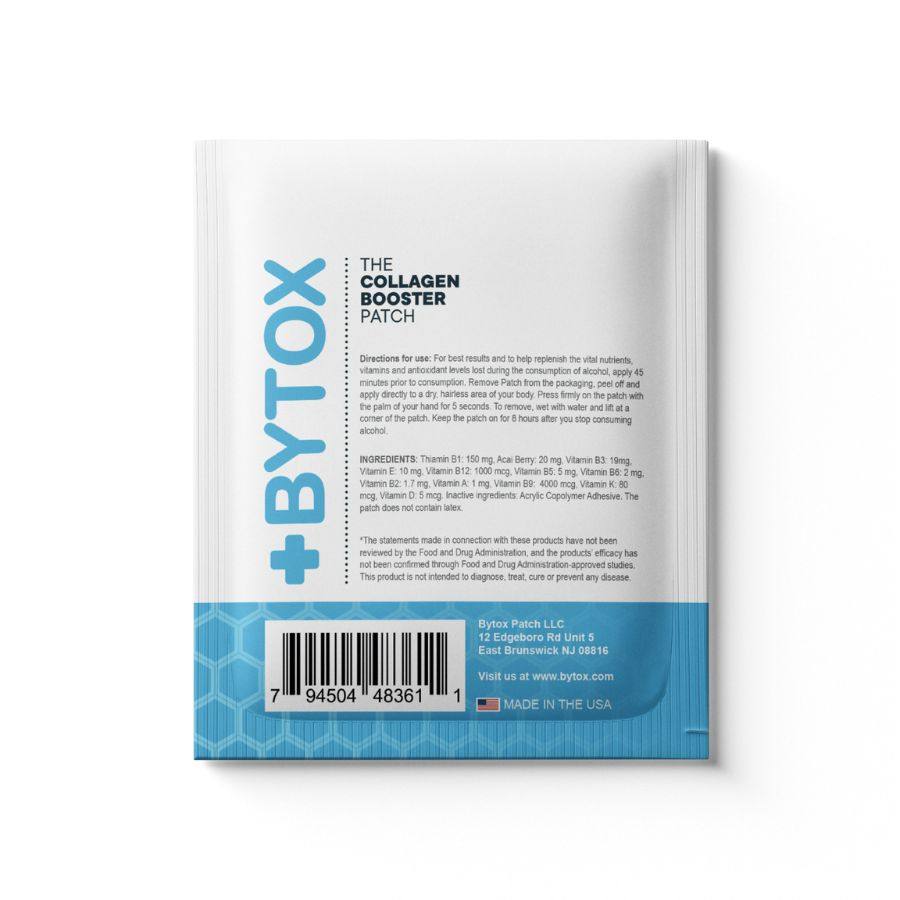 BYTOX Collagen Booster Patch in white and blue packaging, featuring bold branding and a patterned lower panel
