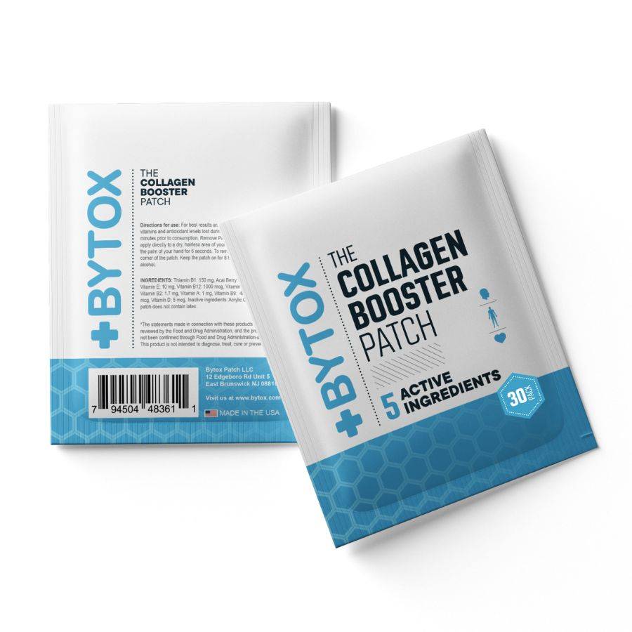BYTOX Collagen Booster Patch in white and blue sachets, featuring bold collagen booster branding and hexagonal pattern