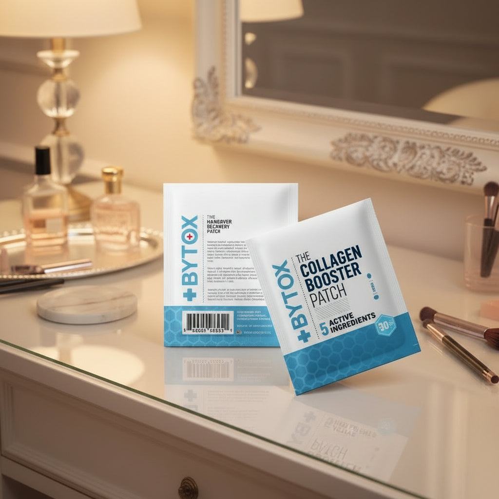BYTOX Collagen Booster Patch in white and teal packaging, featuring a bold collagen booster label and geometric pattern
