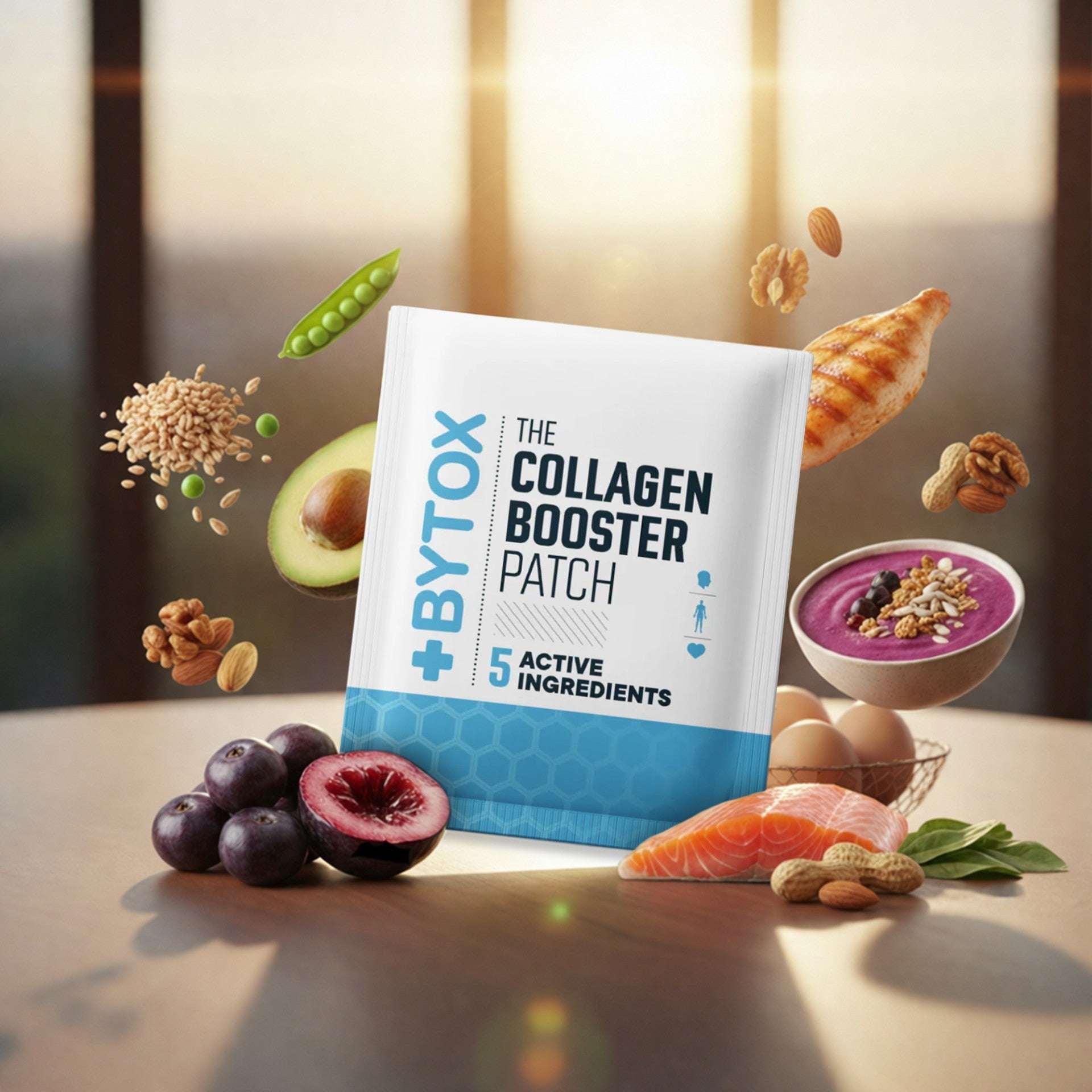 BYTOX Collagen Booster Patch pouch with white packaging, blue accents, and five active ingredients label