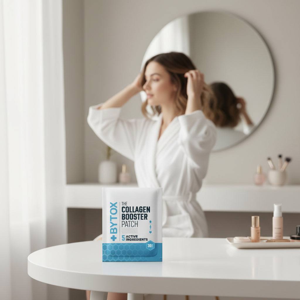 BYTOX Collagen Booster Patch box, white and blue packaging with collagen booster patch branding and hexagon pattern
