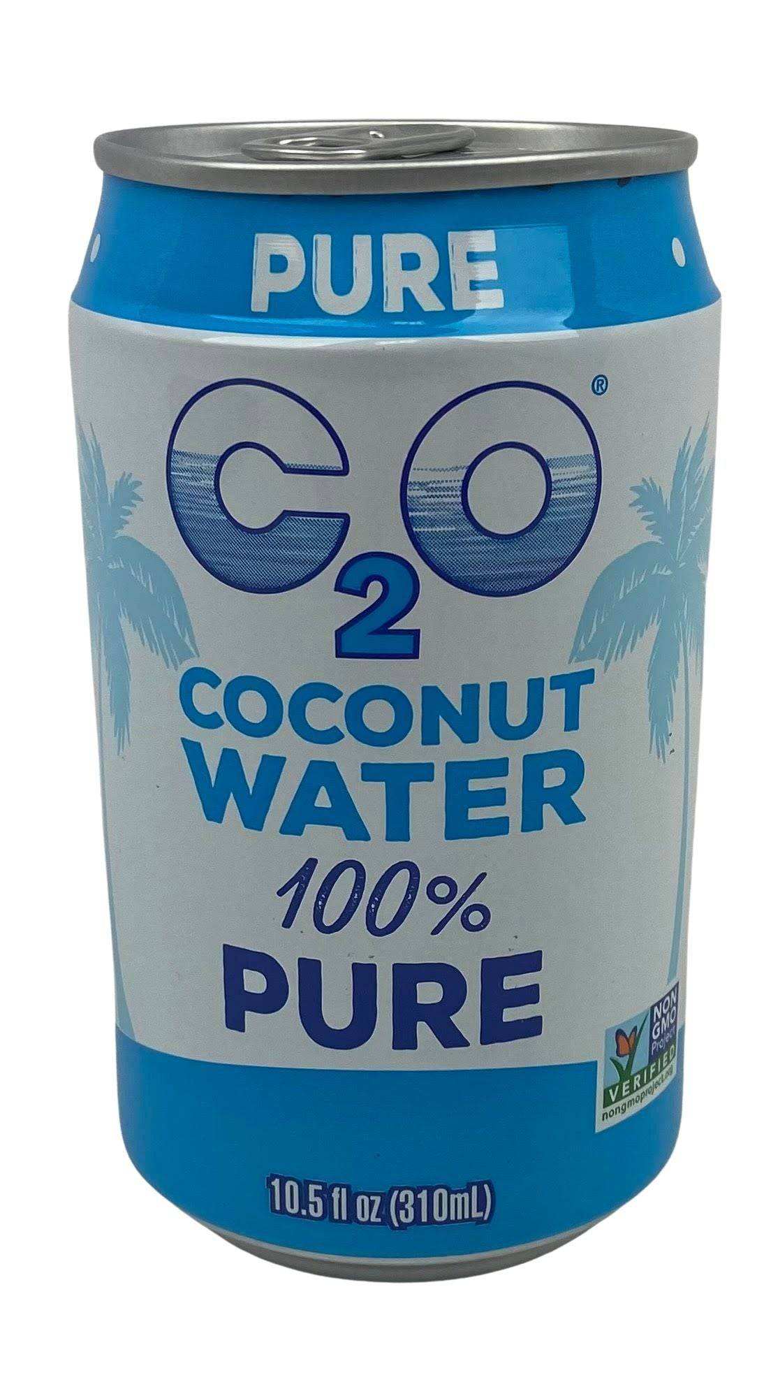 C2O Coconut Water 100% pure coconut water in a blue and white aluminum can with tropical palm design
