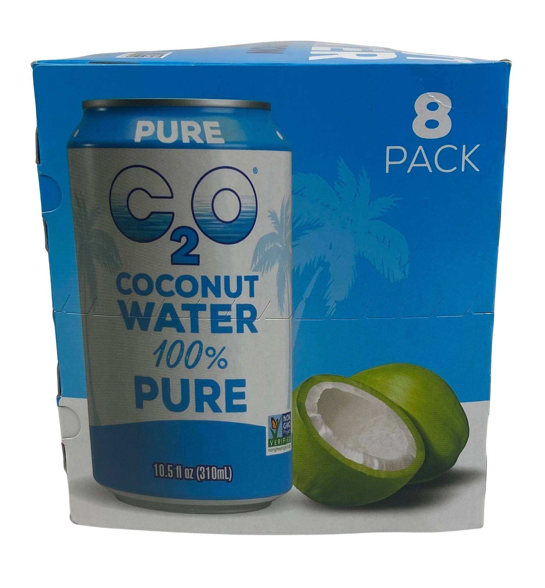 C2O Coconut Water 100% pure coconut water in a silver can with blue 8-pack carton packaging
