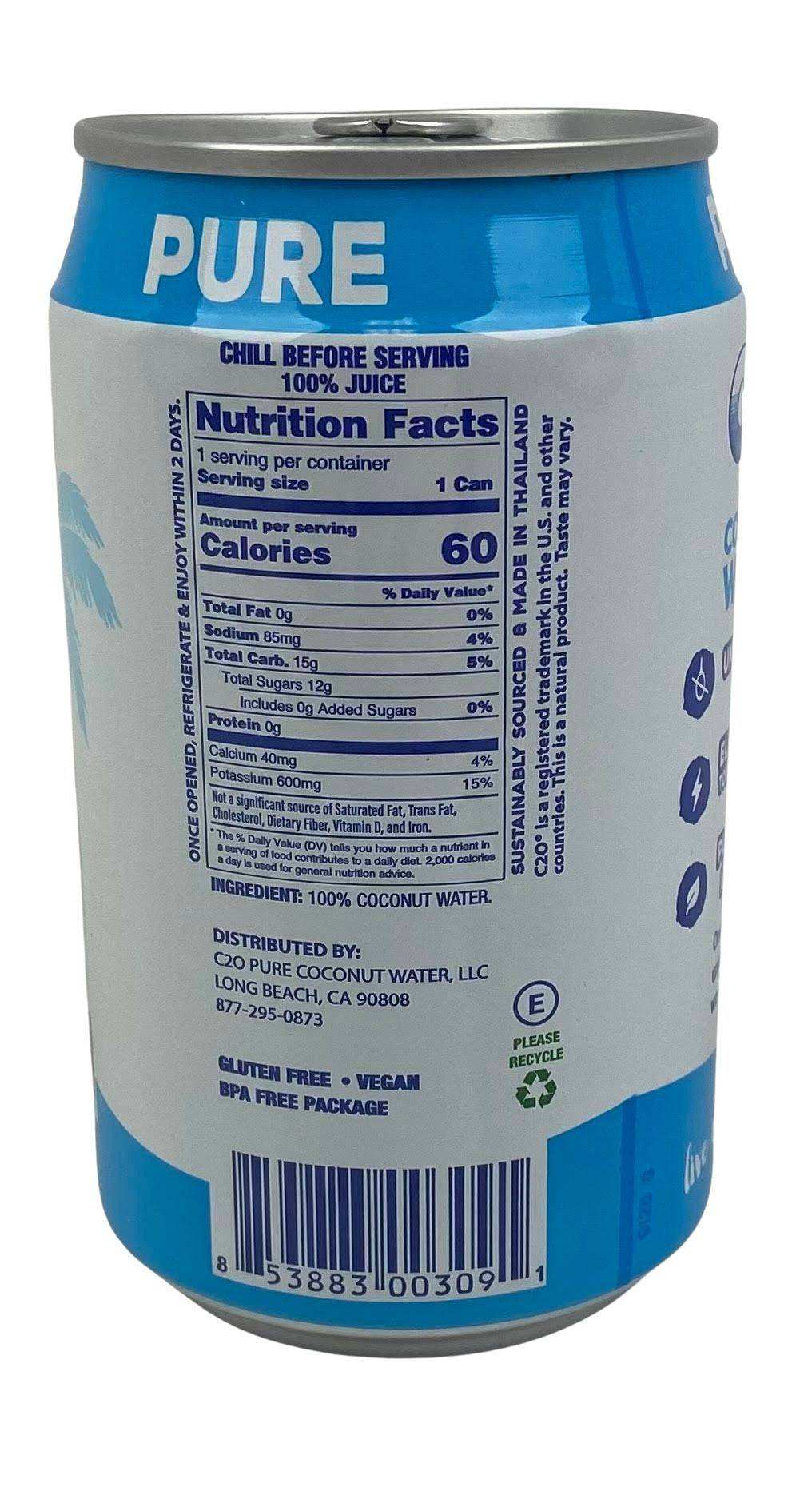 C2O Coconut Water pure coconut water can with blue and white label, nutrition facts, and pull-tab lid