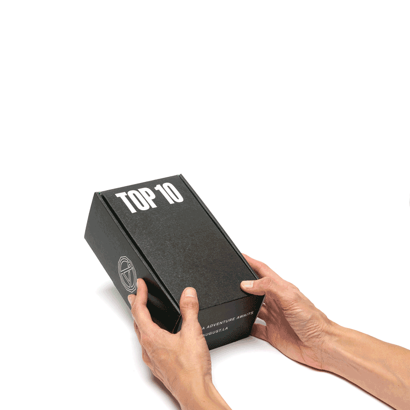 Caffeine free teas Sampler in a black Top 10 box with bold white lettering and opened lid