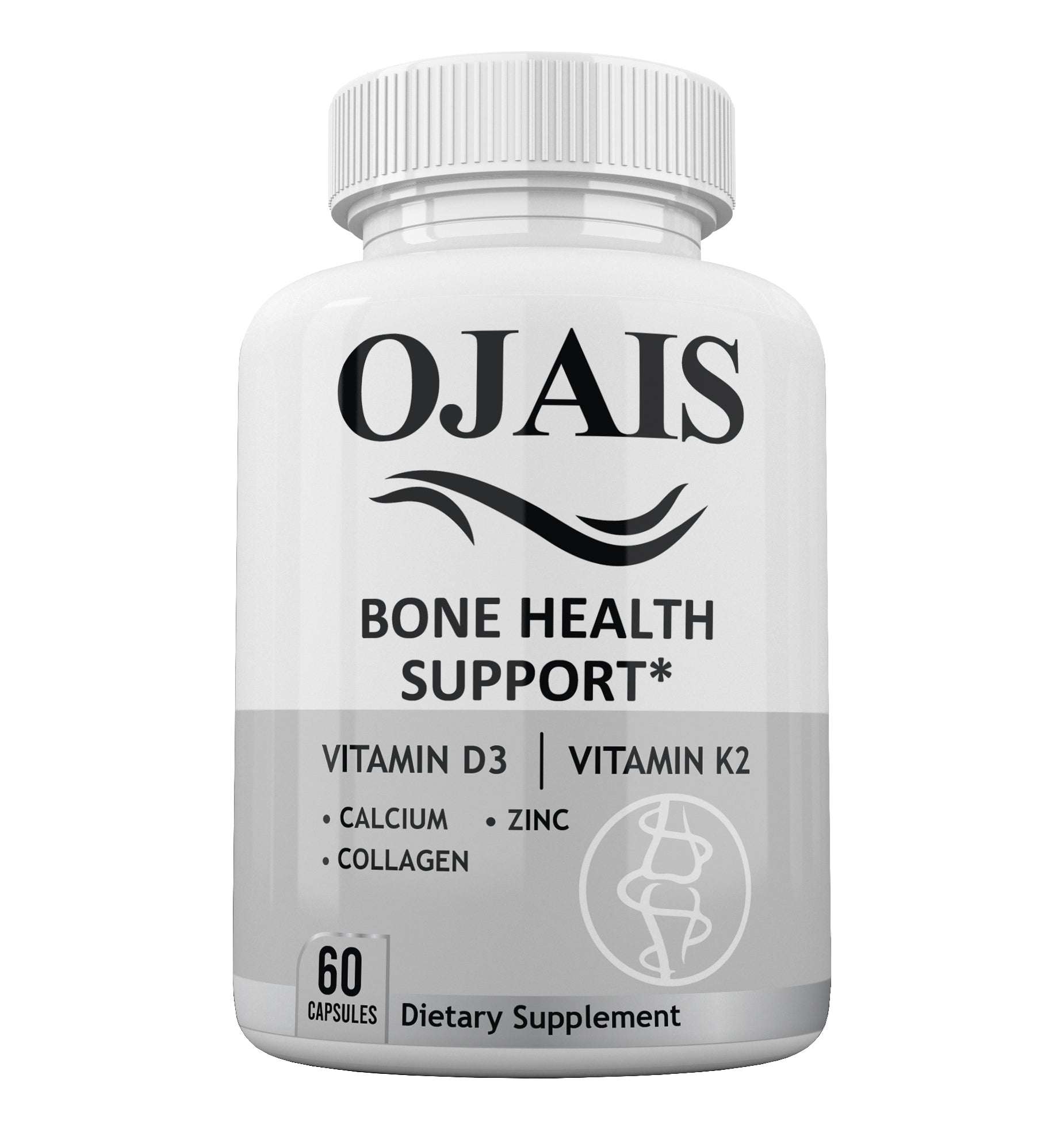 Calcium supplement in a white plastic bottle with a ribbed cap, black lettering, and grey label listing bone health ingredients.