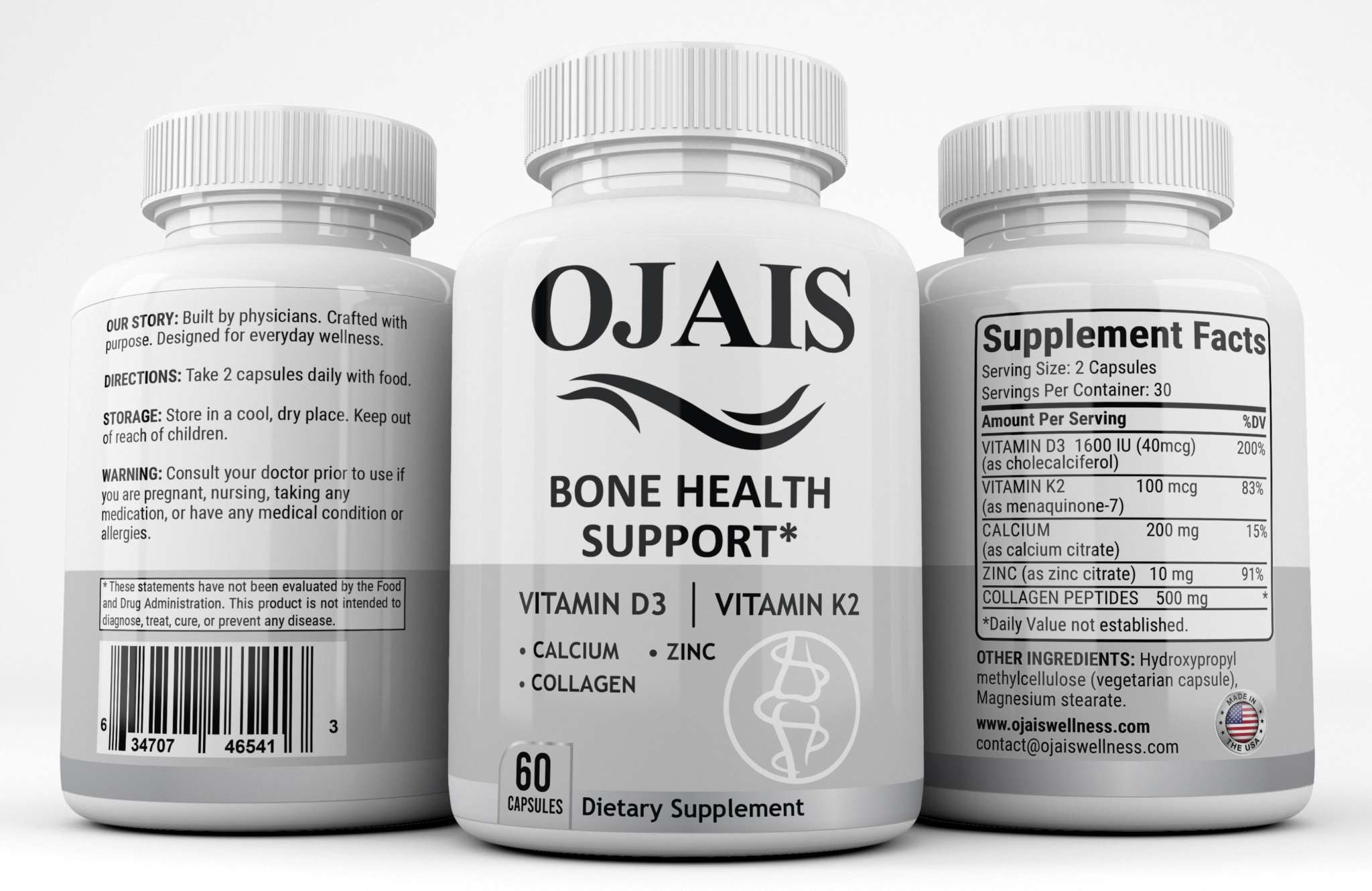 Calcium supplement in a white plastic bottle with a ribbed cap, black bone health label, and vitamin D3, K2, calcium and zinc details.
