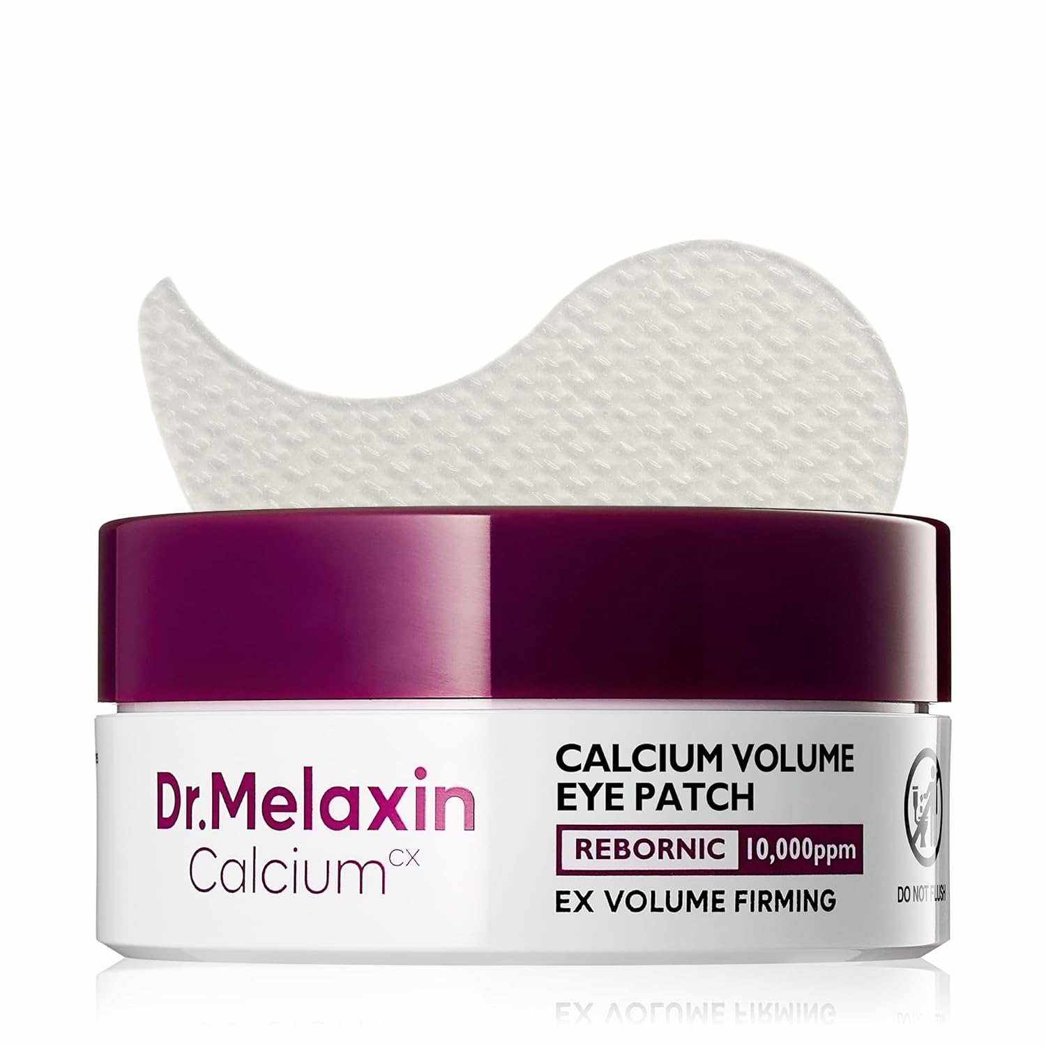 Calcium volume patch Dr. Melaxin in white container with dark purple lid and textured curved white patch on top