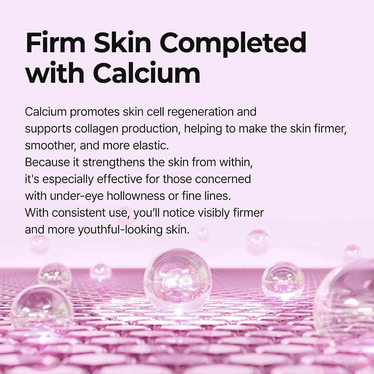 Calcium volume patch advertisement with pink background and transparent spheres emphasizing skin firming and collagen support