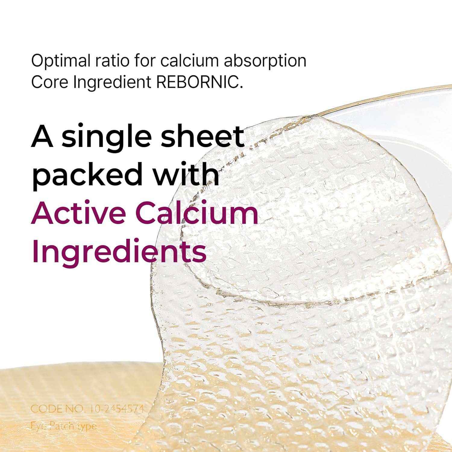 Calcium volume patch translucent eye patch with embossed surface texture and curved shape for under-eye application