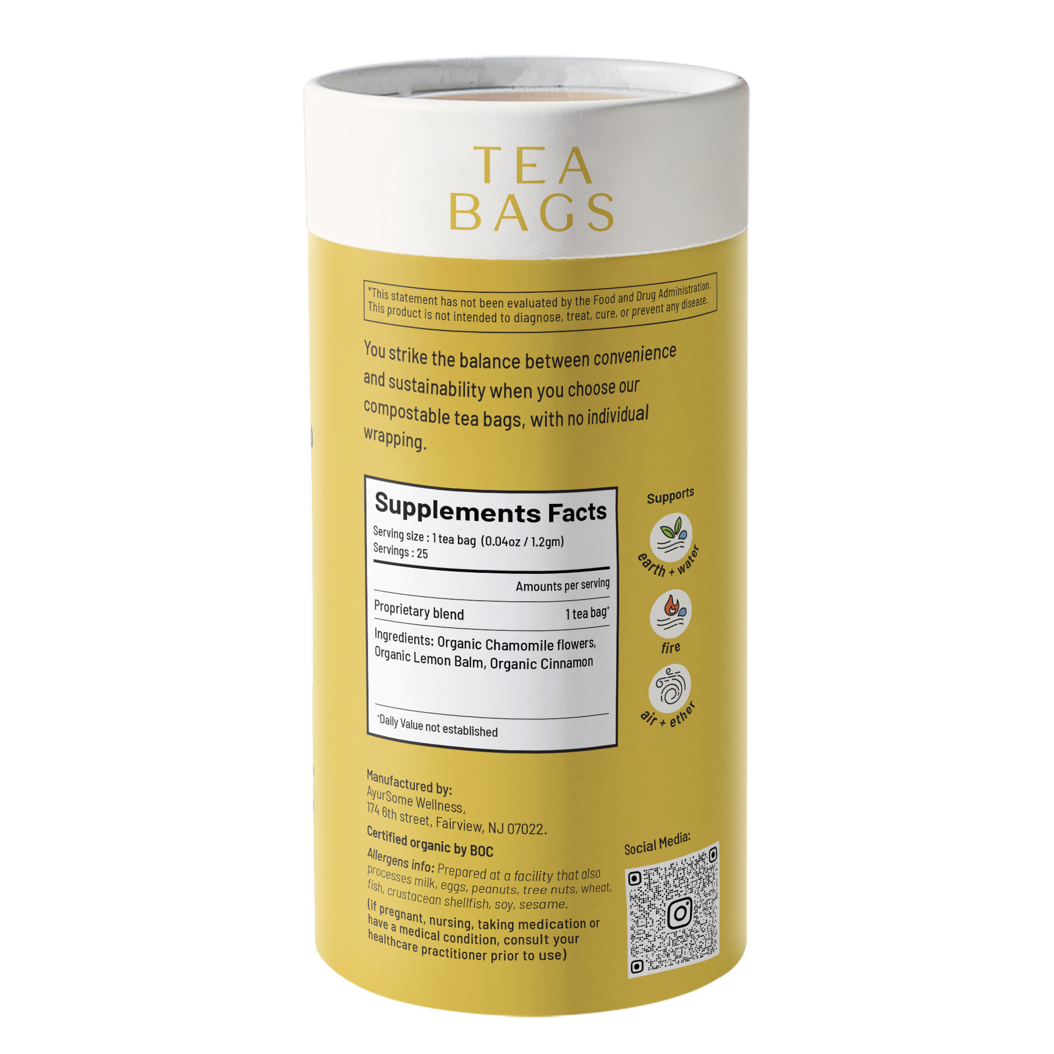 Calm-In-A-Teacup organic chamomile tea bags container with yellow and white label showing supplement facts and ingredient details