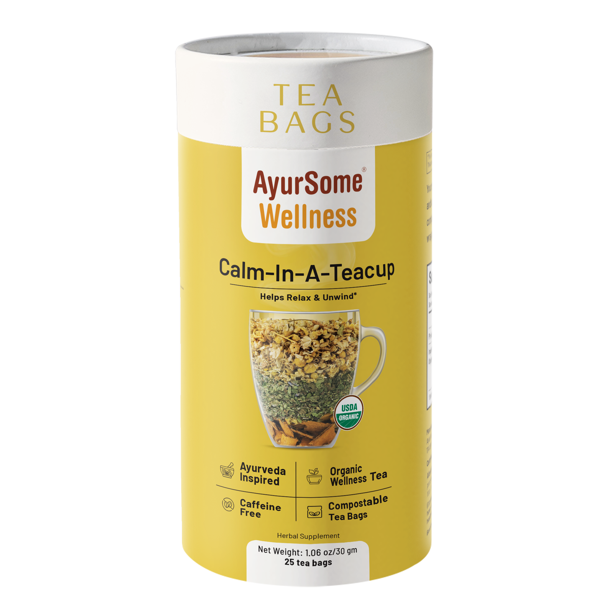 Calm-In-A-Teacup organic chamomile tea bags in yellow cylindrical cardboard container with white lid and wellness branding