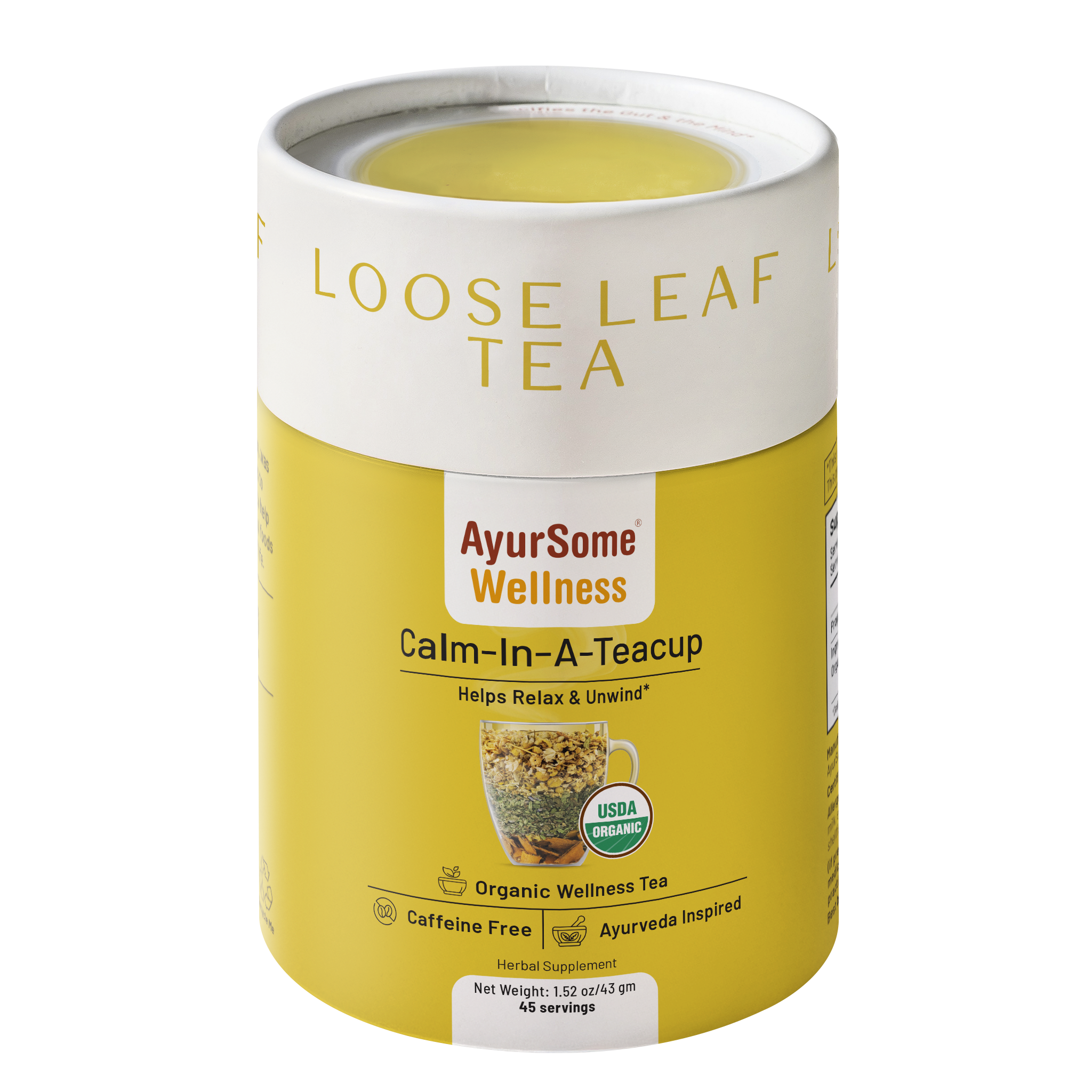 Calm-In-A-Teacup organic loose leaf tea in yellow cylindrical packaging with white top and branding emphasizing relaxation and wellness