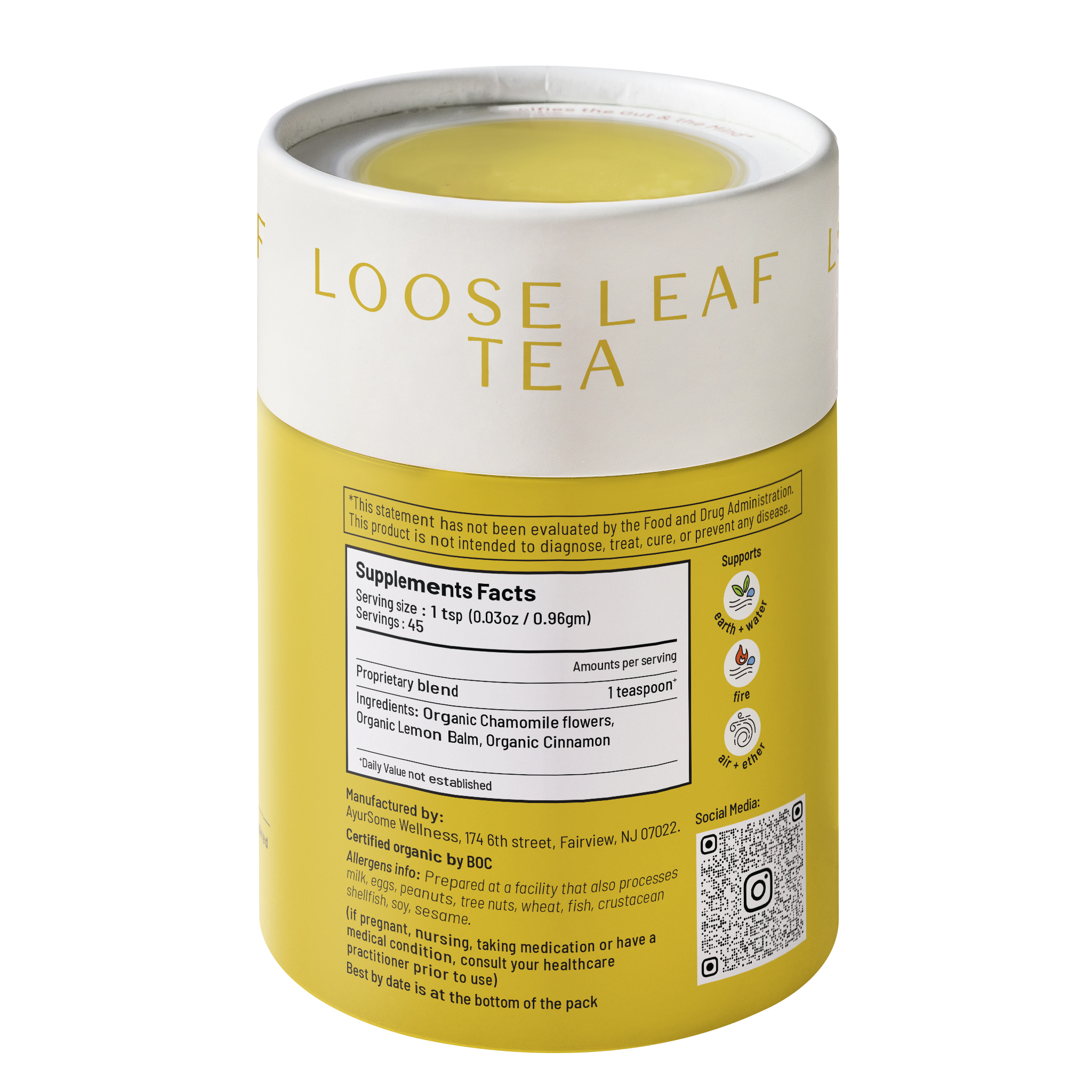 Calm-In-A-Teacup yellow cylindrical loose leaf tea container with white lid and label, organic chamomile blend ingredients