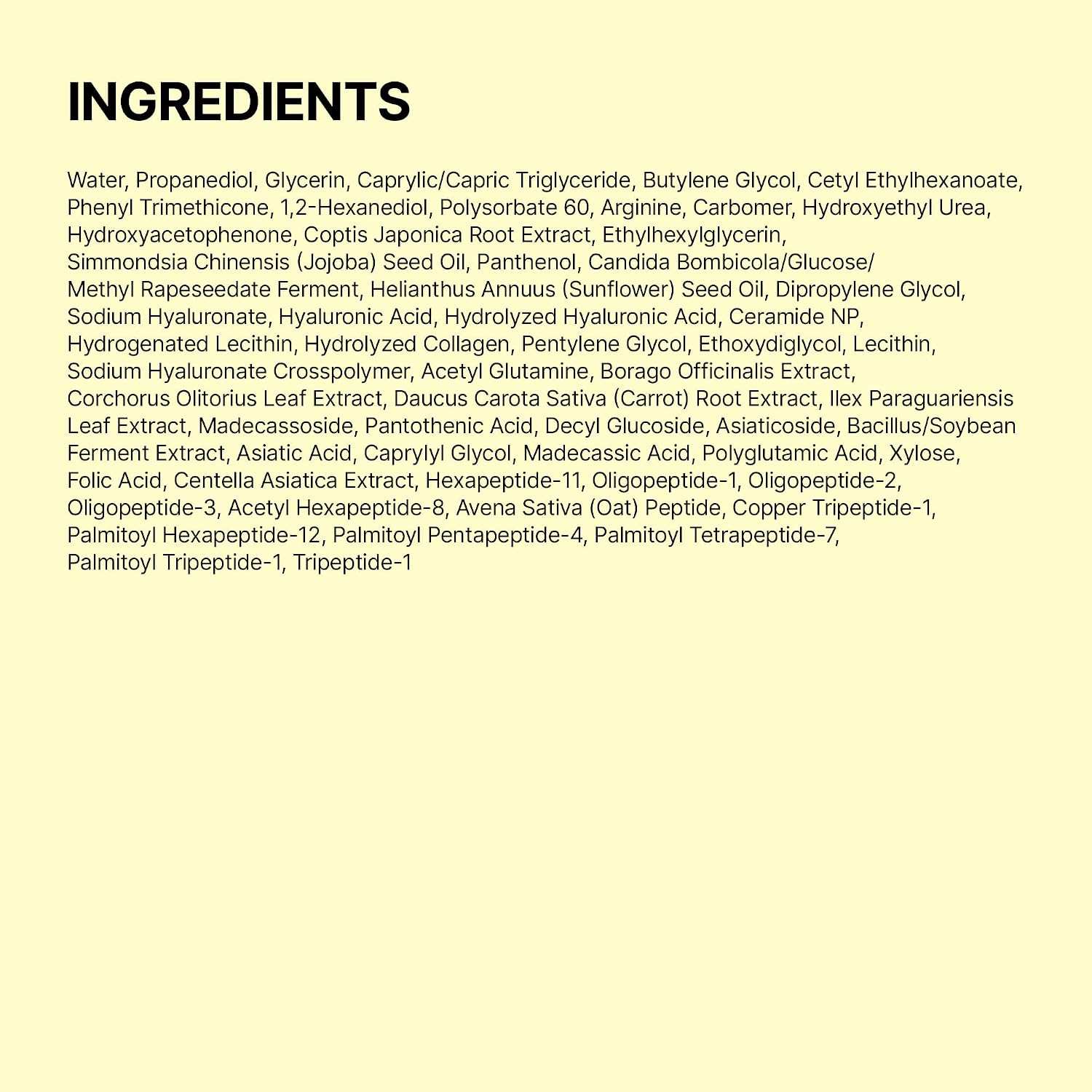 List of ingredients for Calming Lotion including natural extracts, peptides, hyaluronic acid, ceramides, and various moisturizing and soothing agents in text format on a pale yellow background.