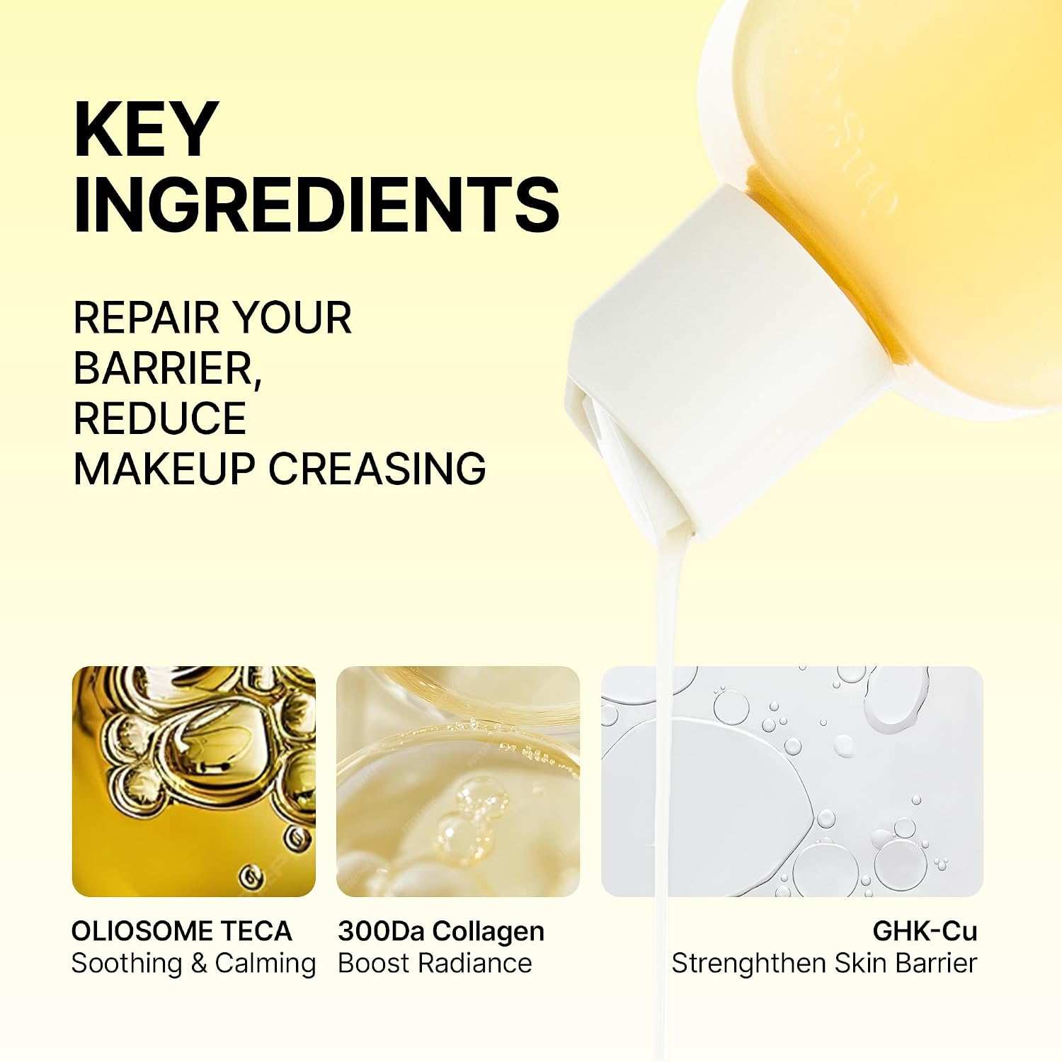 Calming Lotion being poured from a yellow bottle with text highlighting key ingredients like oliosome teca, 300Da collagen, and GHK-Cu for skin barrier repair