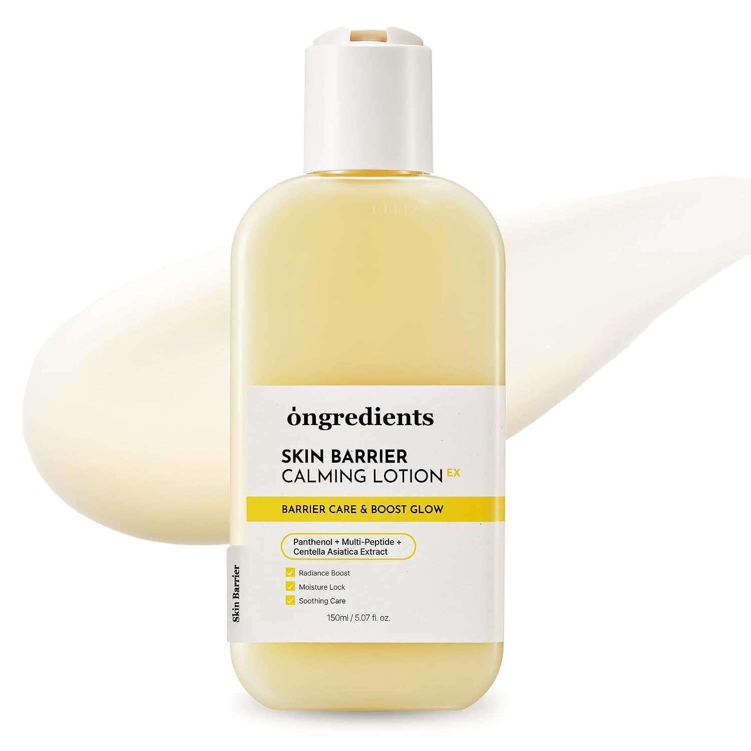 Clear plastic bottle of pale yellow ongredients Skin Barrier Calming Lotion with white label and white flip cap, featuring "Calming Lotion" text prominently on front.
