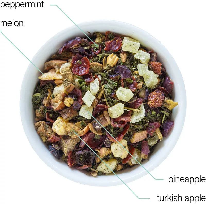 Capri - Honeydew Melon Mint Tea fruit tea blend with dried melon and pineapple pieces, rosehip shells and peppermint leaves