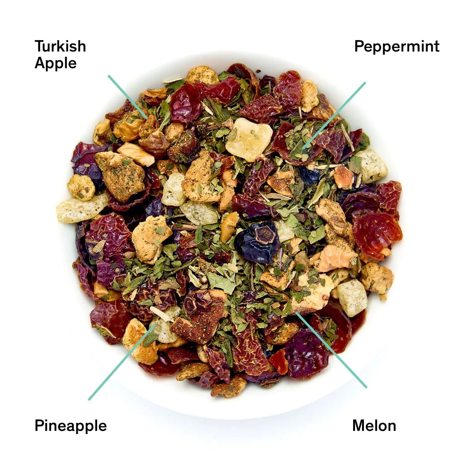 Capri - Honeydew Melon Mint Tea loose-leaf fruit tea blend with colorful dried fruit pieces and green peppermint leaves