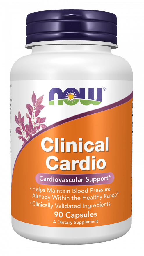 Cardio support supplement bottle in white plastic with a purple cap and orange Clinical Cardio label, containing 90 capsules.