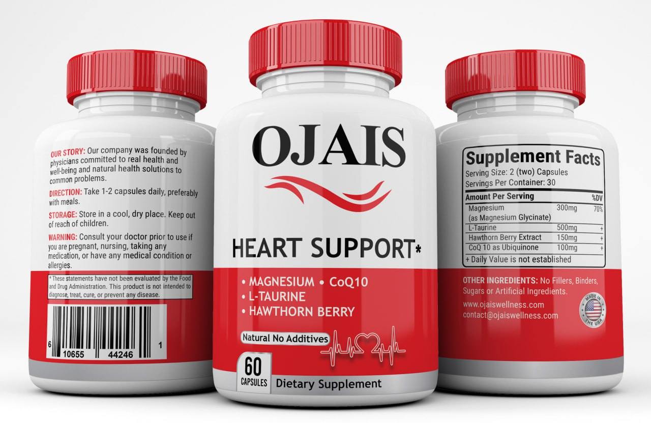 CARDIO WELLNESS DUO supplement bottles with white labels, red caps and bands, featuring heart support ingredients and facts panels.