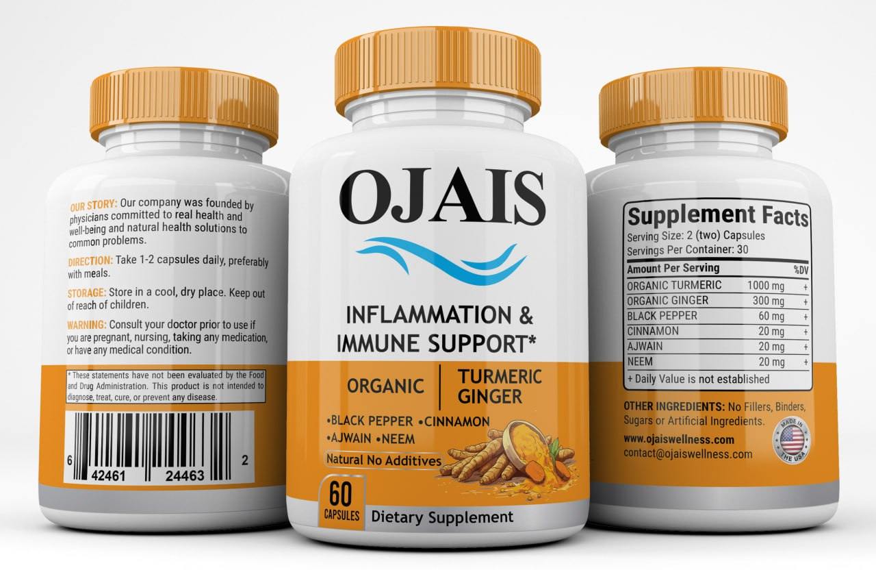 CARDIO WELLNESS DUO featuring three white supplement bottles with orange caps and labels, including turmeric ginger support supplements.