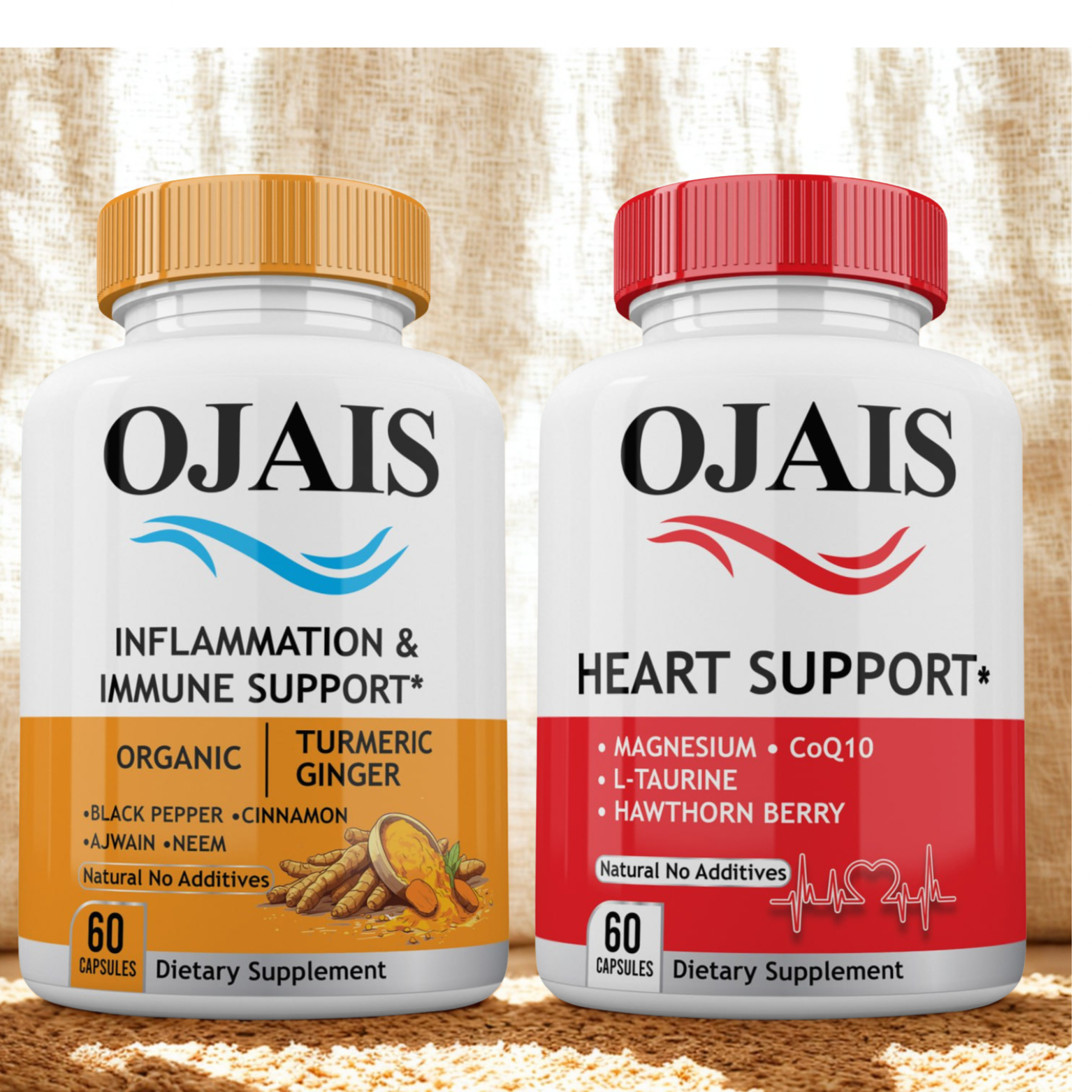 Supplement duo CARDIO WELLNESS DUO featuring white bottles with orange and red labels, ribbed caps and bold wellness text.