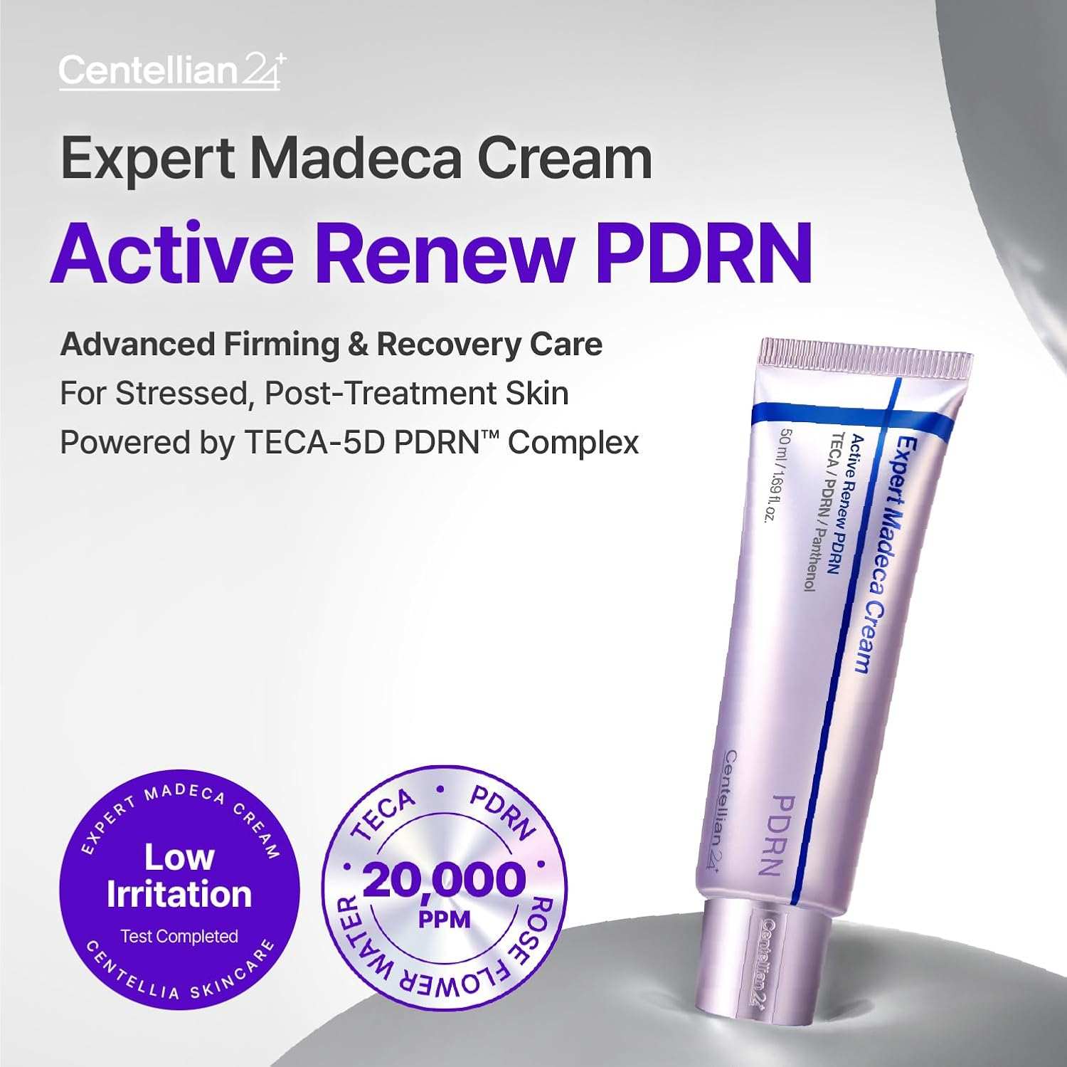 Centellian24+ Expert Madeca Cream, metallic lavender tube with blue and purple lettering, PDRN formula 
