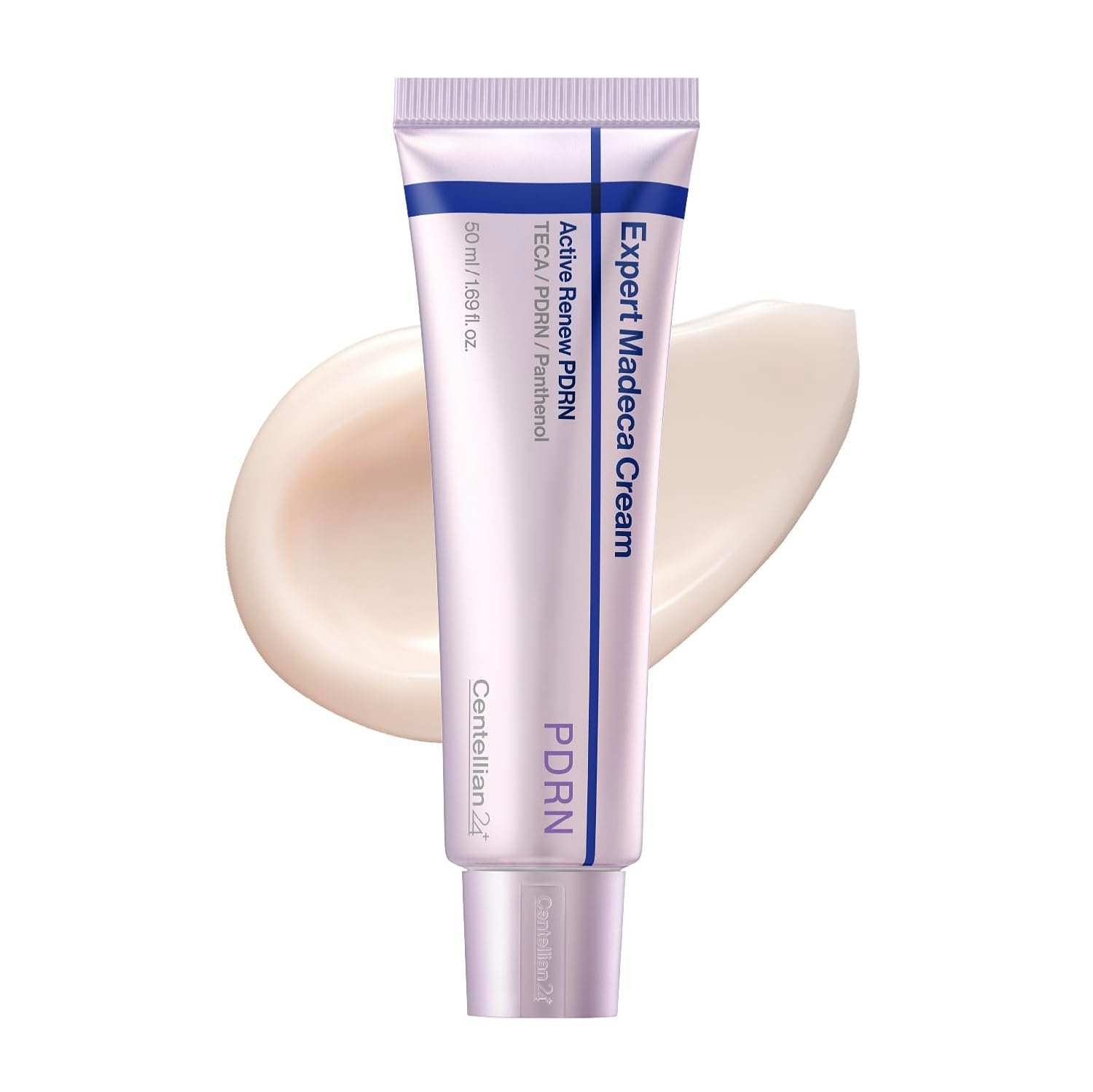 Centellian24+ Expert Madeca Cream, lavender and white tube with PDRN label and creamy beige swatch beside it
