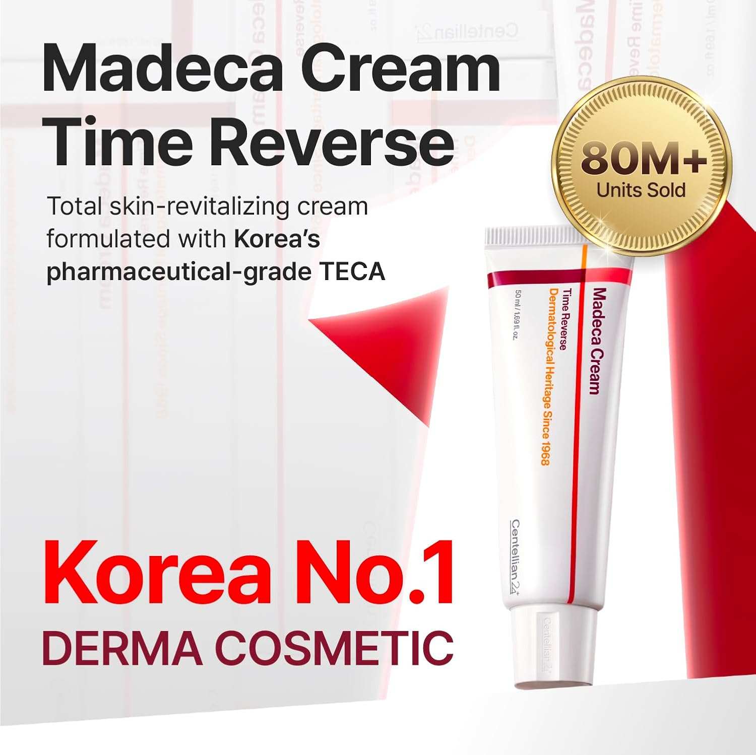 Centellian24+ Madeca Cream tube with white and red gradient packaging featuring gold and black text for anti-aging skincare