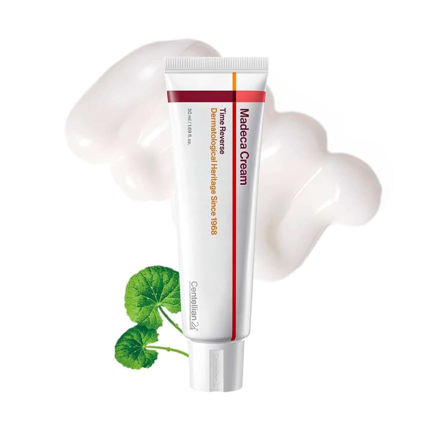 Centellian24+ Madeca Cream in white tube with red and orange accents, moisturizing cream texture and green centella leaf