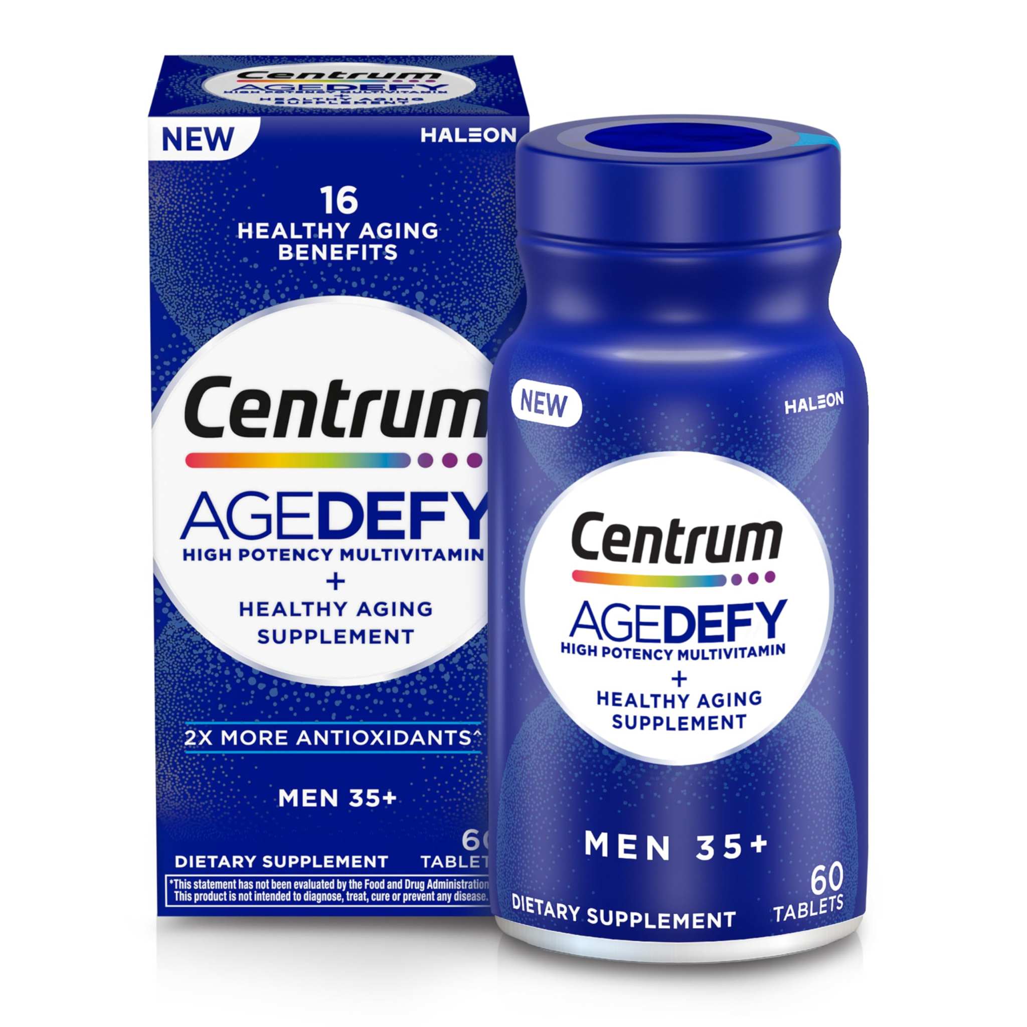 Centrum Age Defy Men's high potency multivitamin bottle and box in blue with white labels highlighting 16 healthy aging benefits and 60 tablets.