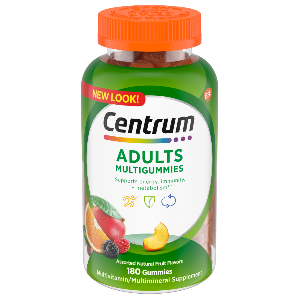 Centrum® MultiGummies adults multivitamin supplement bottle with assorted natural fruit gummy vitamins and orange cap