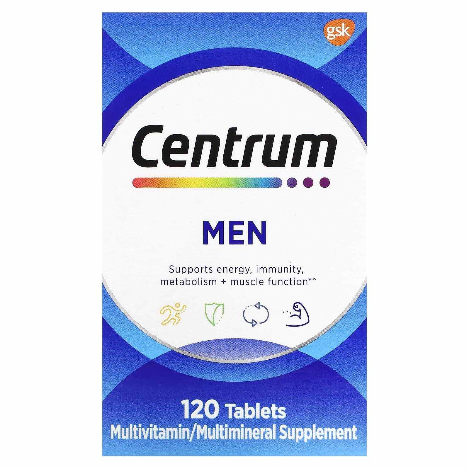 Centrum Multivitamin, Multimineral for men supplement box in blue and white packaging with 120 tablets