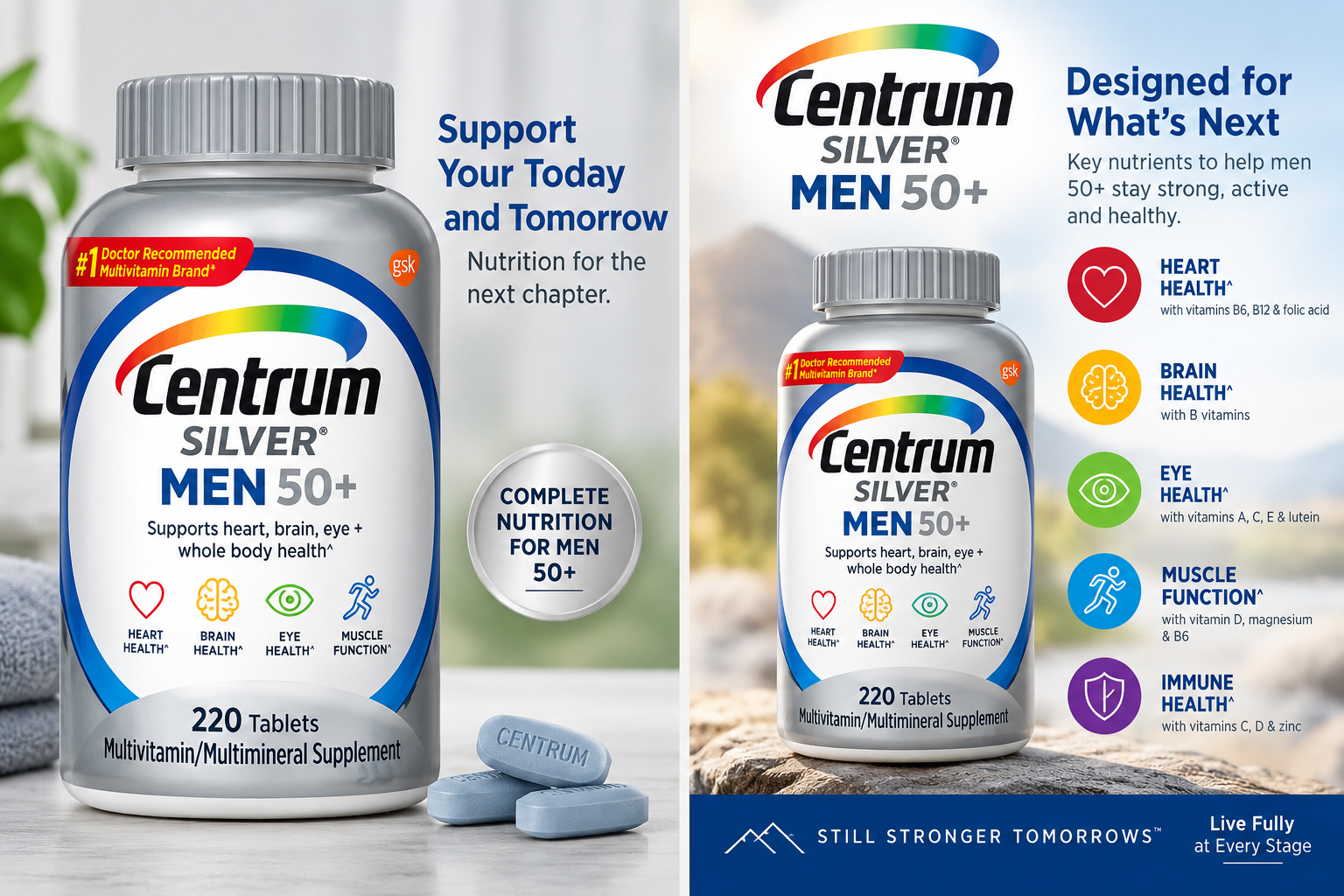 Centrum Silver adult 50+ multivitamin bottle for men with 220 tablets supporting heart, brain, eye, muscle, and immune health