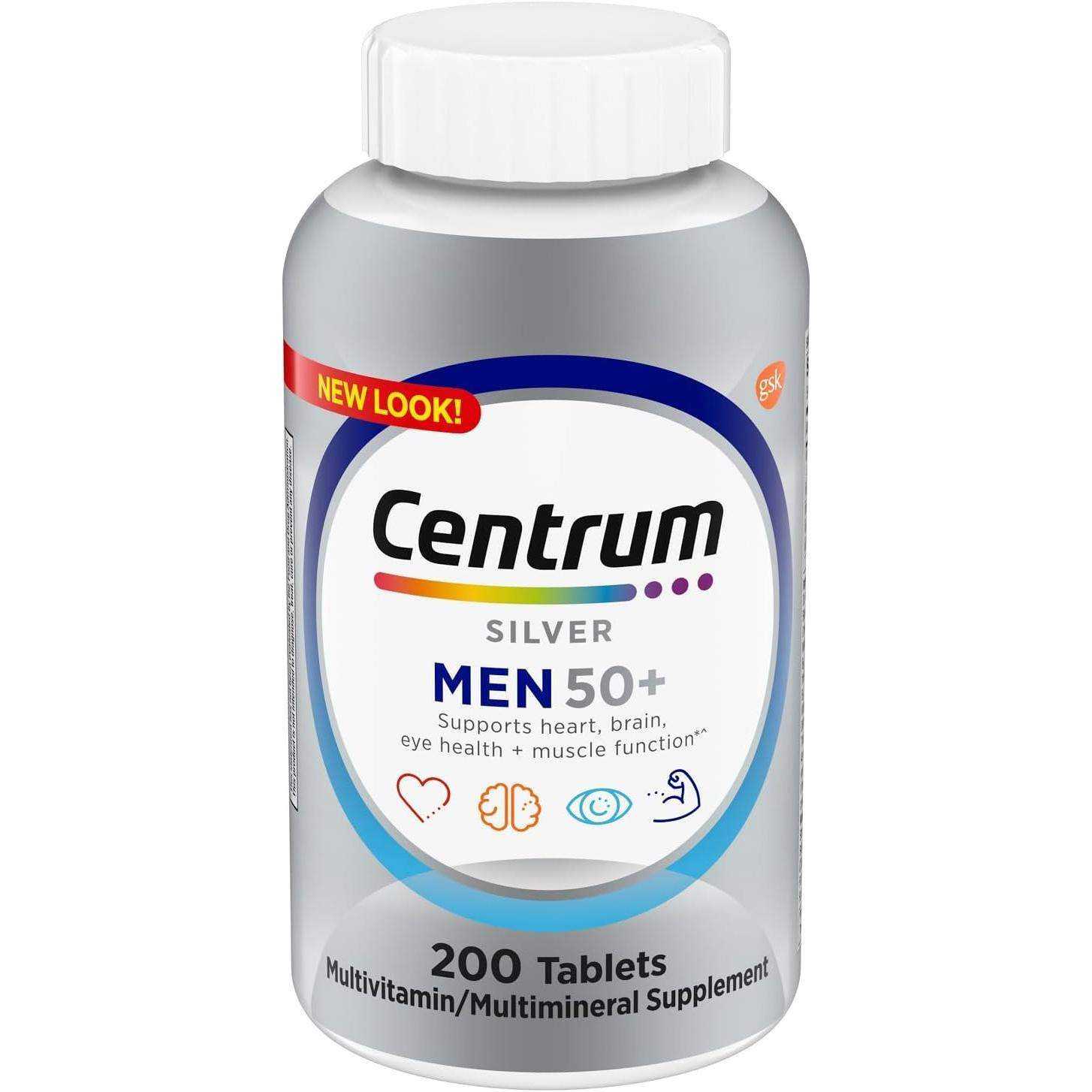 Centrum Silver Men 50+ multivitamin supplement bottle with 200 tablets, silver and white plastic container with red and blue label accents