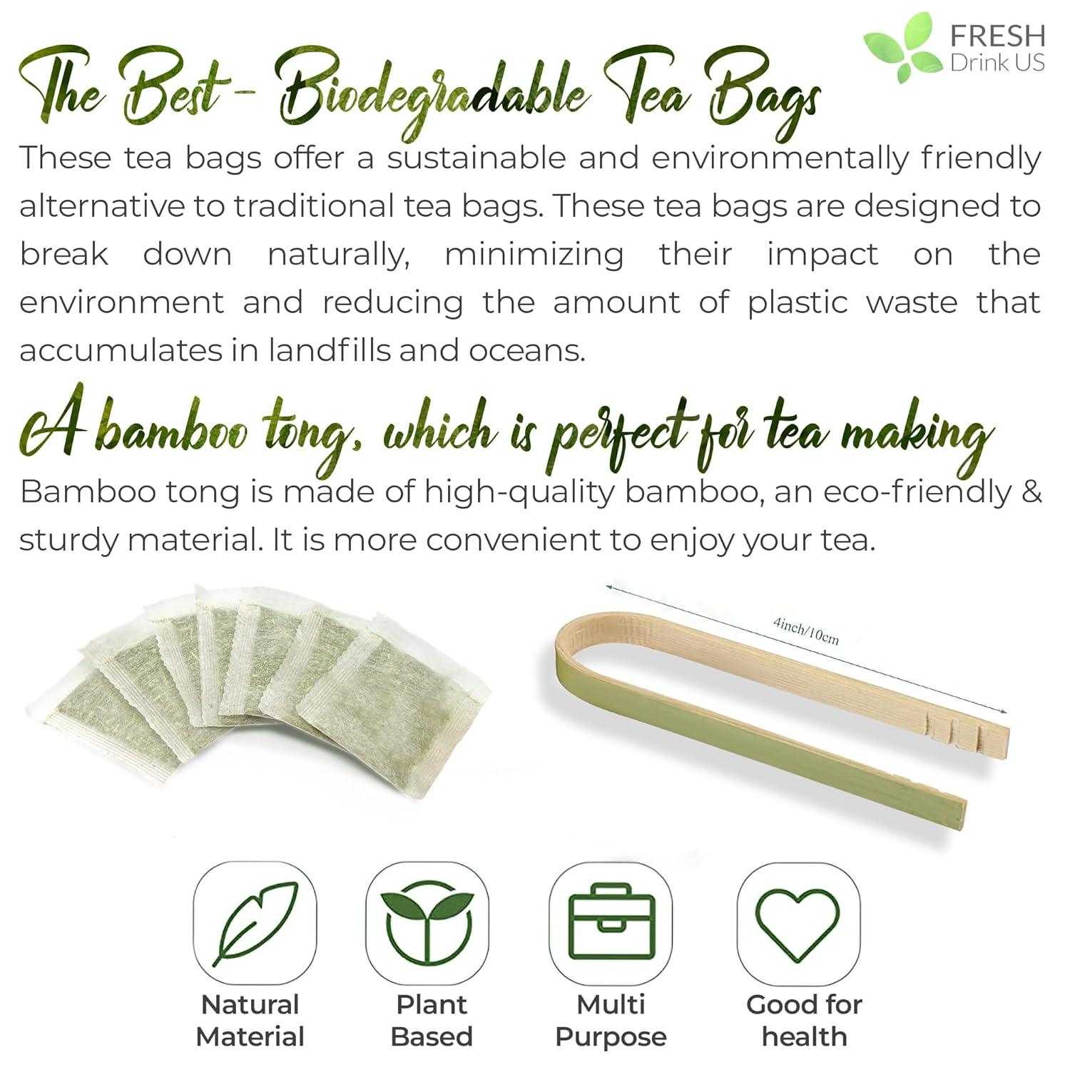 Chamomile Tea Bags biodegradable tea bags with green herbal contents and a natural bamboo tong for eco-friendly tea making