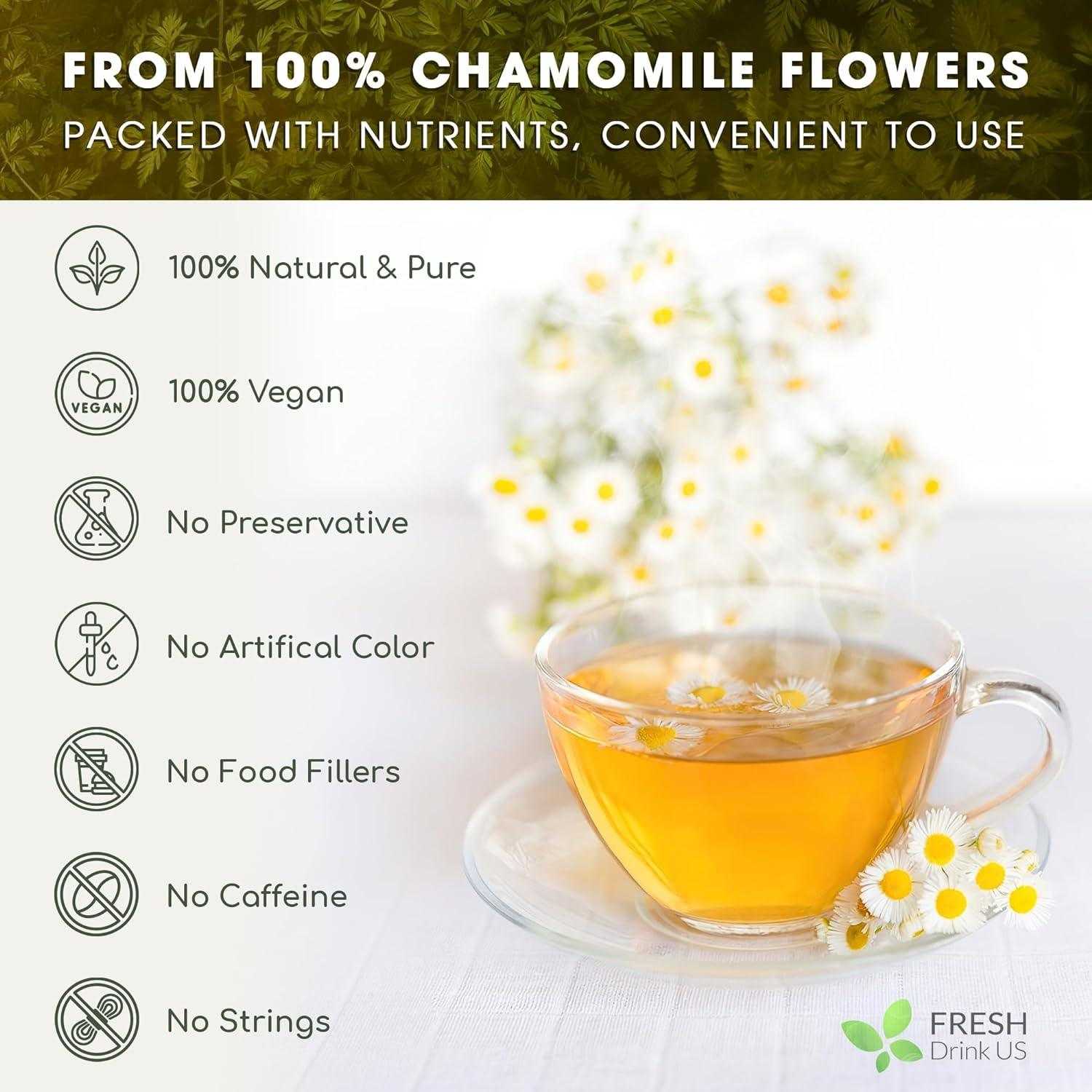 Chamomile Tea Bags branding image featuring a clear glass cup of golden chamomile tea with chamomile flowers on white background