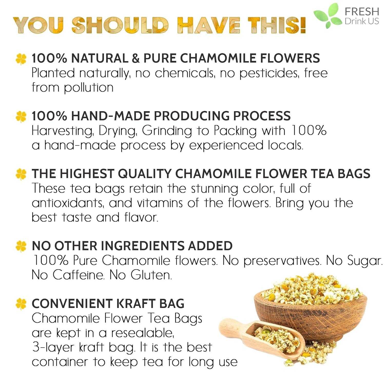 Chamomile Tea Bags in a wooden bowl and wooden scoop with dried yellow chamomile flowers, natural and pure, hand-made