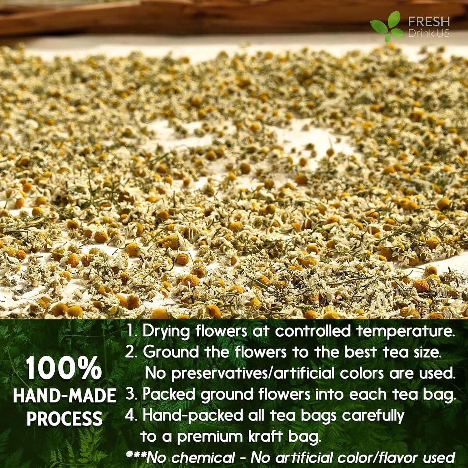 Chamomile Tea Bags process showing dried chamomile flowers spread out for drying and detailing hand-made natural tea bag production steps