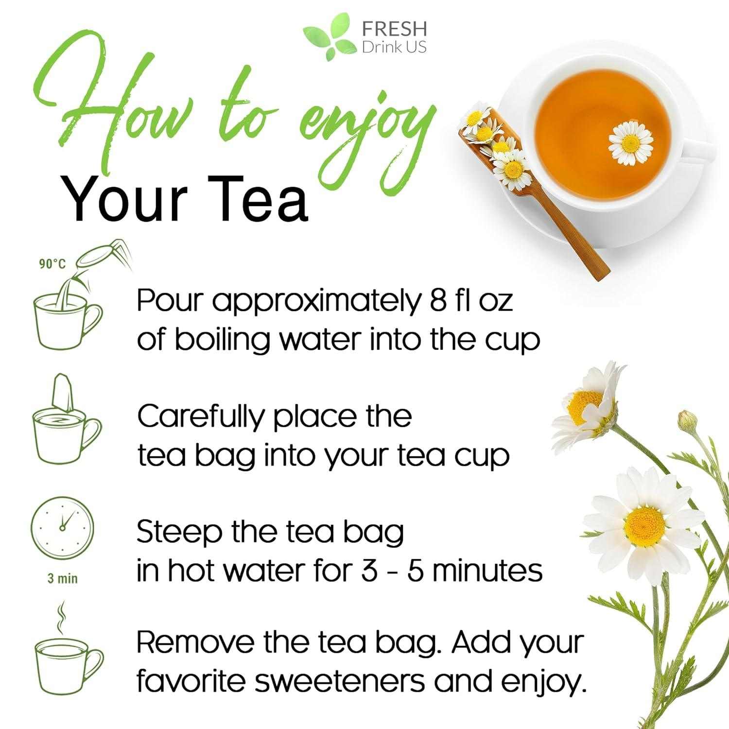 Instructions for making Chamomile Tea Bags with boiling water, steeping 3-5 minutes, sweeteners optional, illustrated with tea cup and chamomile flowers